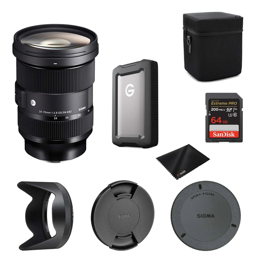 Sigma 24-70mm .8   Art Lens for Sony  with Professional 1TB External Hard Drive - 3.2 Gen 1, 64GB Extreme  -  Memory Card and Waith Microfiber Cleaning Cloth (Bundle Set)