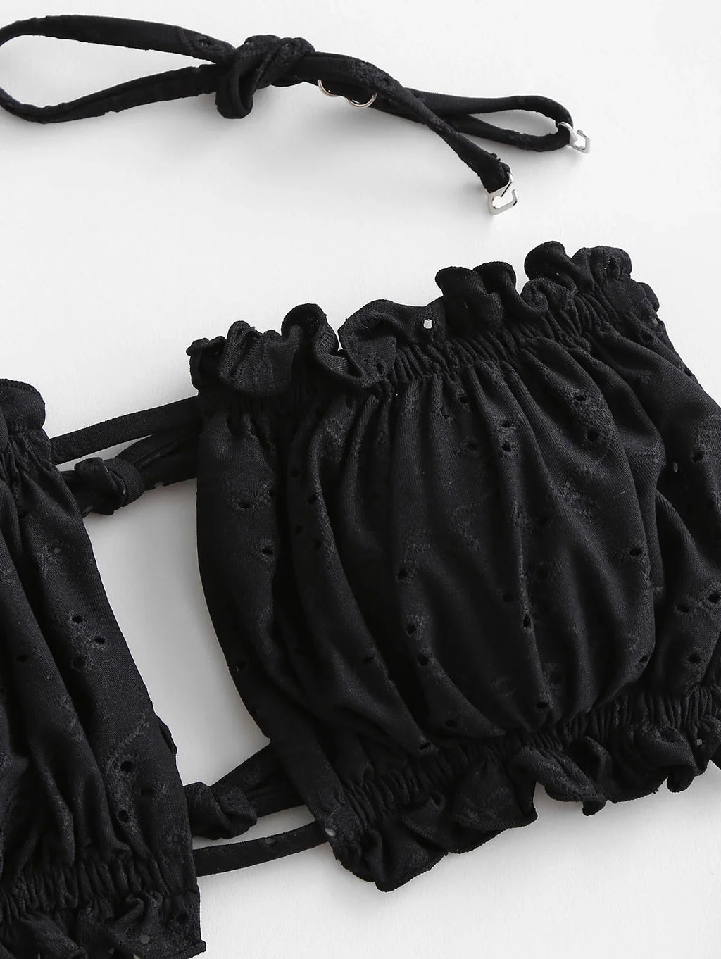Womens High Cut Bandeau Bikini Sexy Cutout Ribbed Swimsuit 2 Piece Ruffle Tie Bathing Suits