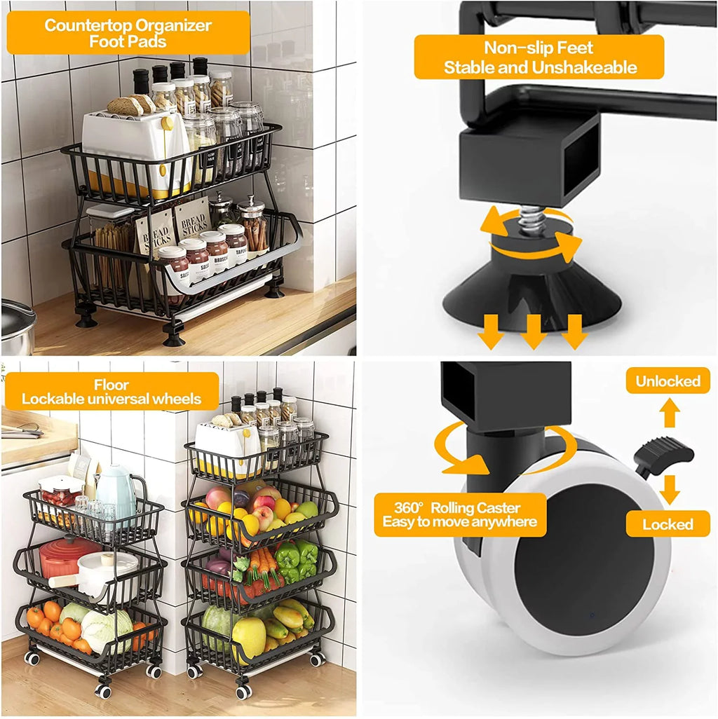 4-Tier Stackable Fruit Basket Vegetable Storage Basket Car for Pantry,Bathroom, Garage Black