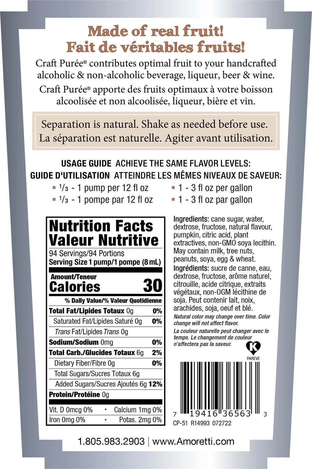 Amoretti - Pumpkin Spice Craft Puree® 750 ml - Perfect for Brewing, Cocktails, and other Beverages, Made of Real Fruit, No Preservatives, Filtered, Super Concentrated, Fully Pasteurized