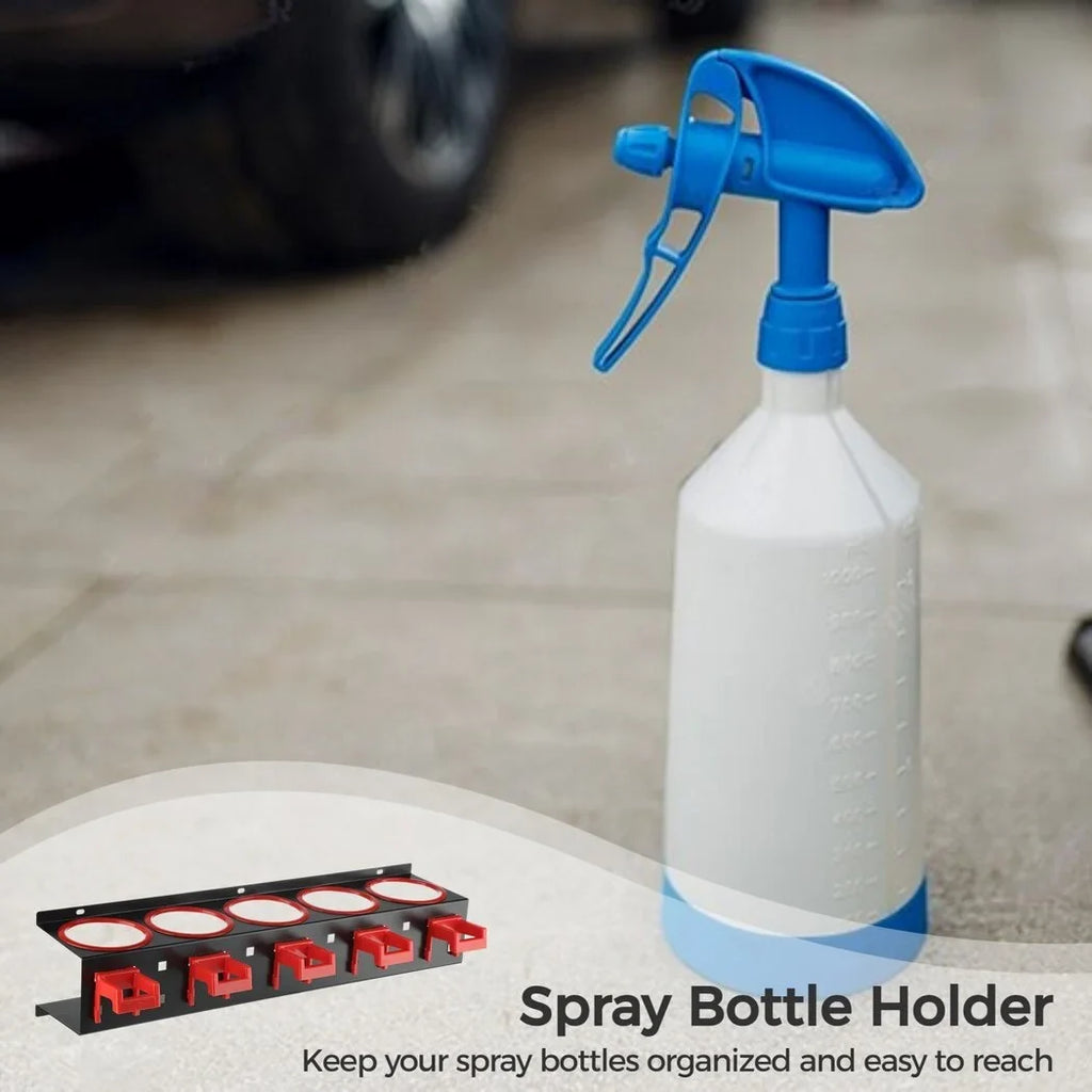 2Pcs Spray Bottle Storage Racks, Squeeze Bottle Holders, Wall Mount Organizers with 5 Holes & 5 Hooks, Auto Cleaning Detailing Tools Hangers, Car Beauty Shop Accessories