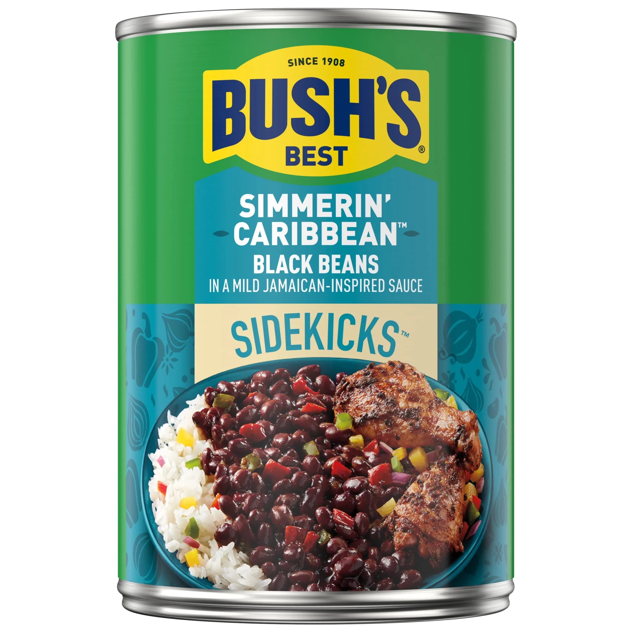 Bush, Best 15.2 Oz Canned Black Beans Simmerin, Caribbean Sidekicks, Source Of Plant Based Protein And Fiber, Low Fat, Gluten Free, (Pack Of 12)