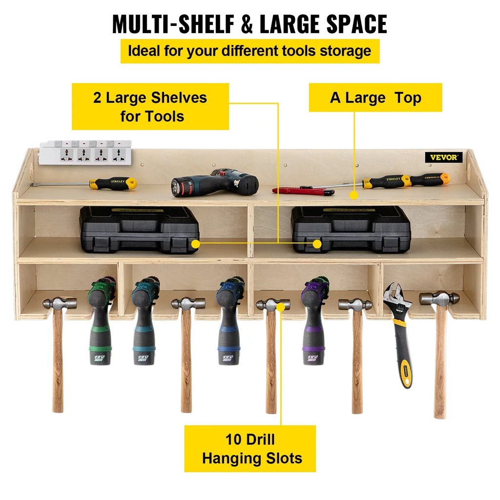 Power Tool Organizer Drill Wall Tool Holder 10 Slots 2-shelf Wall Mounted