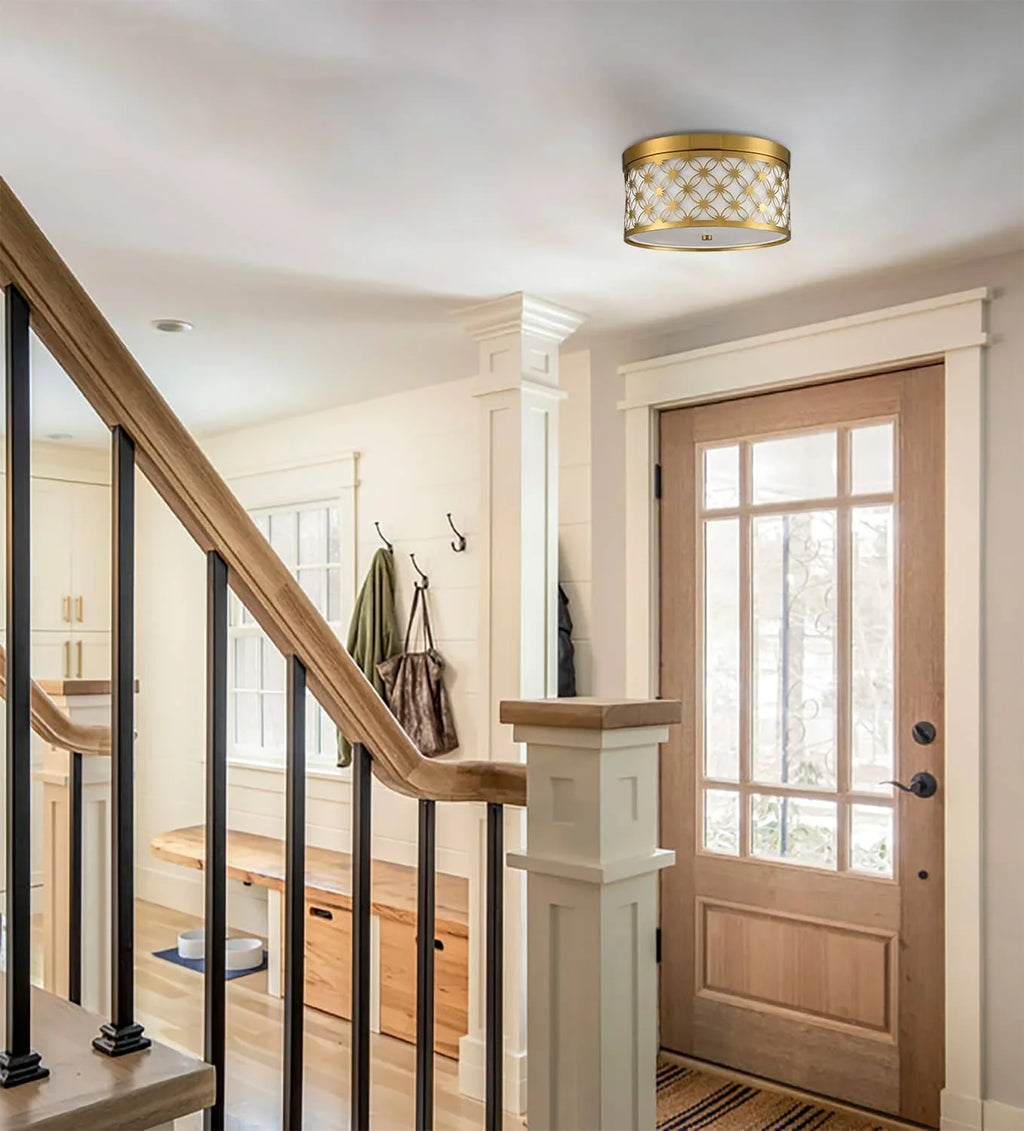 Modern Drum Brushed Gold Ceiling Light Fixtures with White Fabric Shade