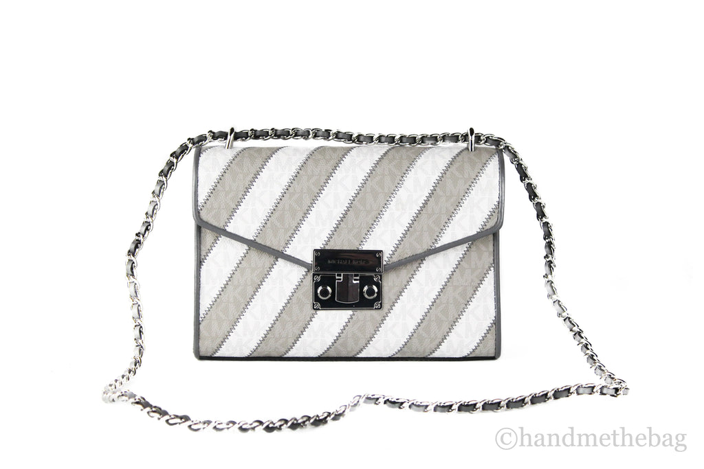 Michael Kors Rose Pearl Grey Striped Signature  Medium Flap Shoulder Handbag