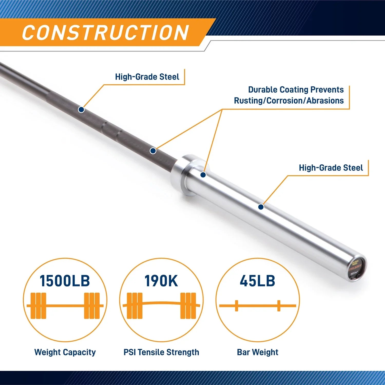 Black and Chrome 45lb Olympic Barbell | -1606BKC SteelBody