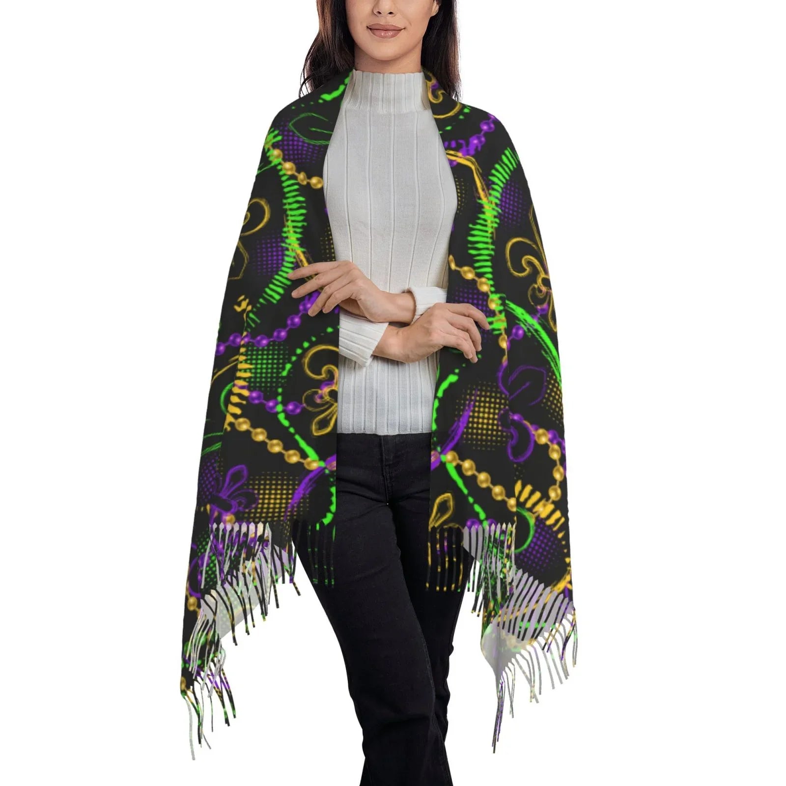 Bingfone Soft Cashmere Feel Scarf For Women Elegant Art Print Winter Warm Scarves Large Shawl Wrap Gifts- Neon Mardi Gras