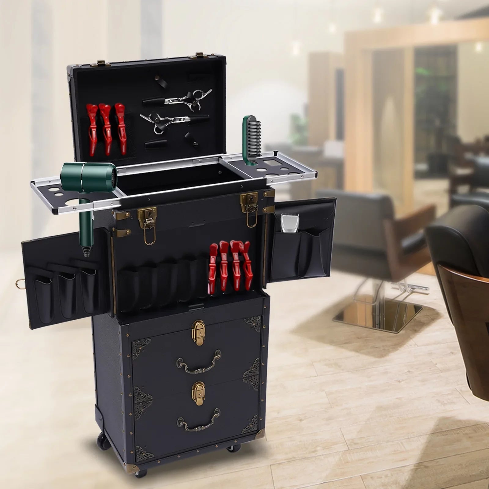 Aiqidi Rolling Lockable Makeup Train Case Hairdressing Trolley Barber Stylist Beauty Salon Cosmetic Luggage Travel Organizer Tool Box with Hair Dryer Holder