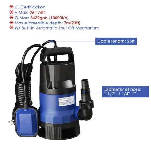 1HP 750W Submersible Water Sump Pump For Dirty Clean Swim Pool Pond