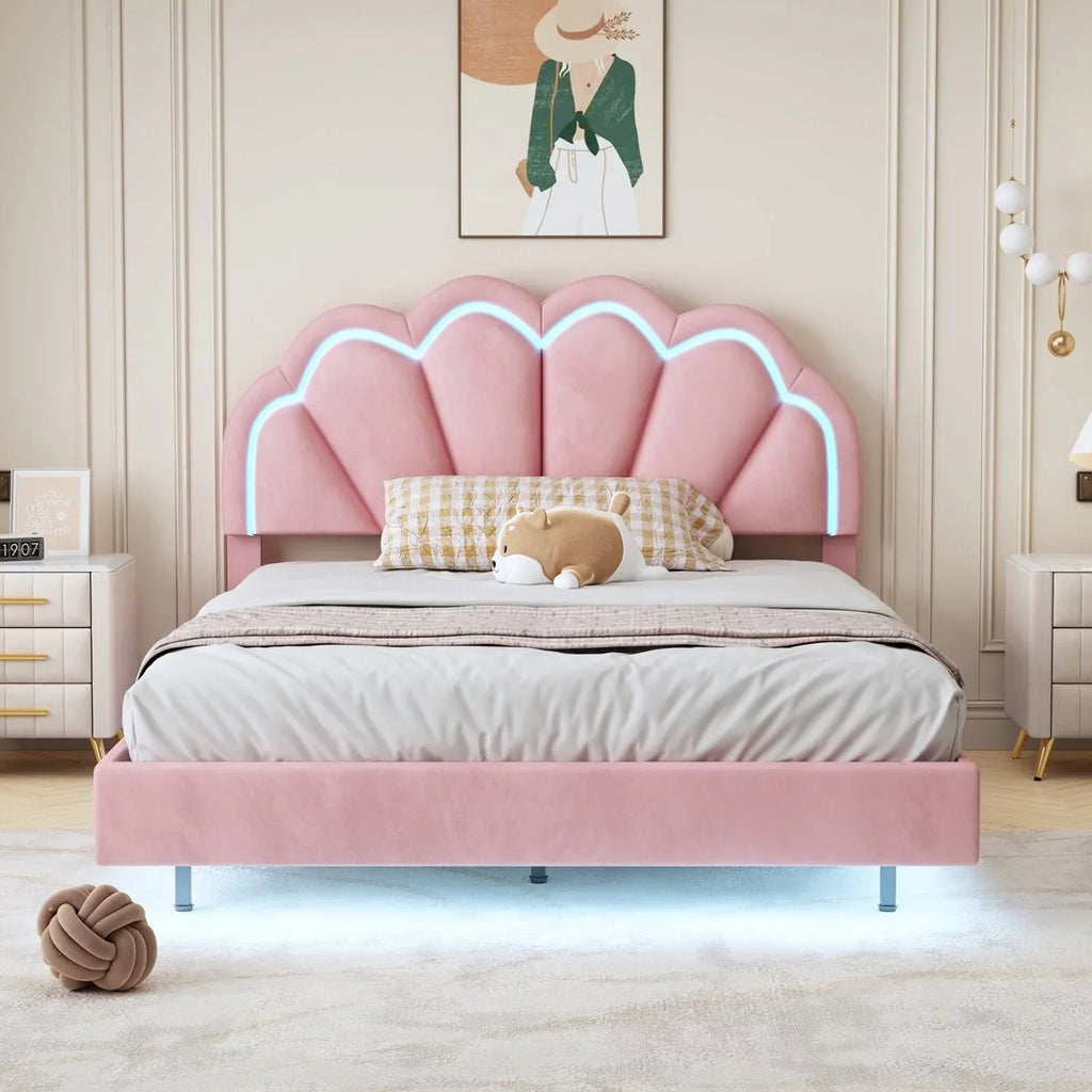 Full Size Smart  Platform Bed with Wooden Slats Support Beige