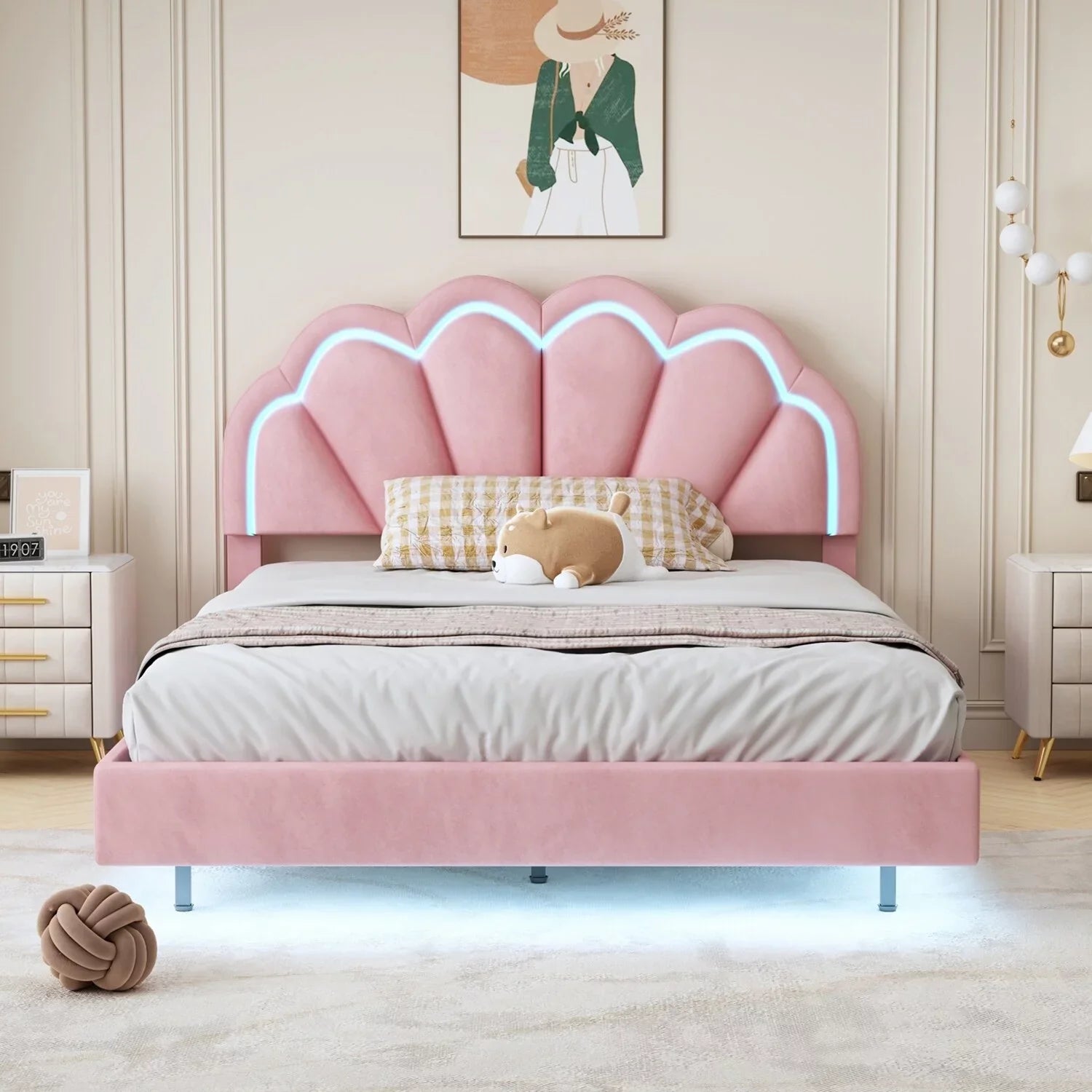 Full Size Smart  Platform Bed with Wooden Slats Support Beige