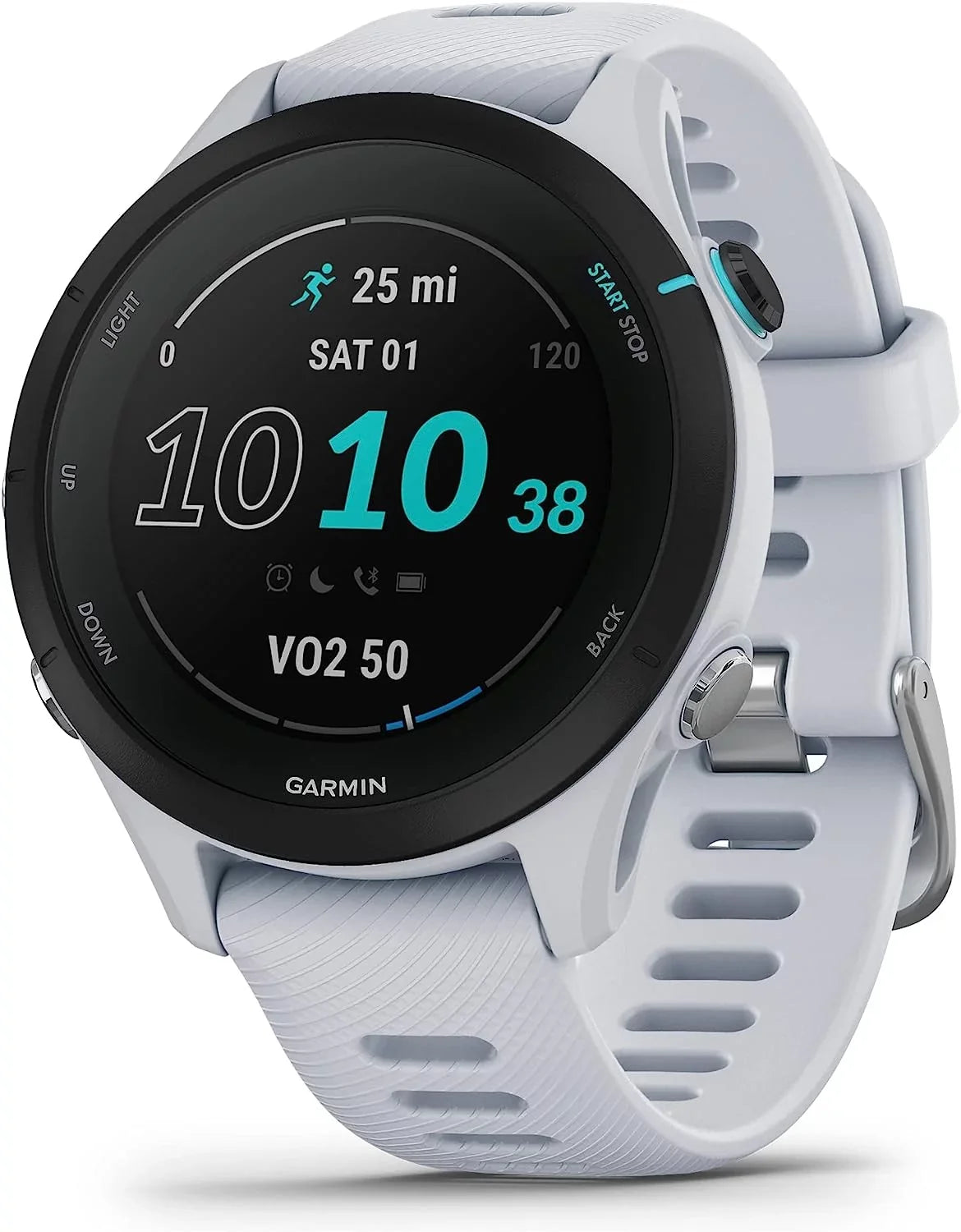 Garmin Forerunner 255S Music, Smaller  Running Smartwatch with Music, Advanced Insights, Long-Lasting Battery, Whitestone with Charging Base, Workout Towel, 6Ave Travel & Cleaning Kit