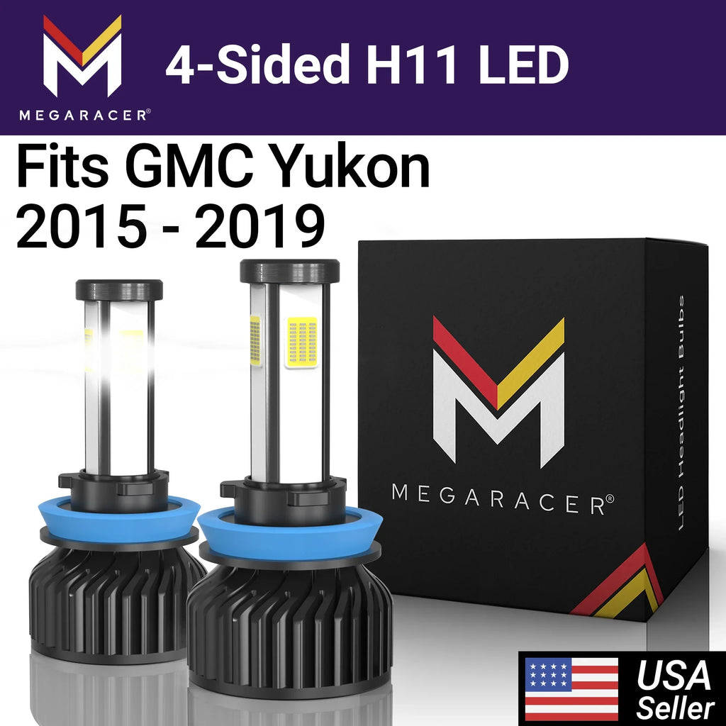 Mega Racer  Yukon 4 Sided     Headlight Bulbs 6000K Diamond White 12V 60W 10000LM  Yukon 2015 2016 2017 2018 2019 15 16 17 18 19 Low Beam Automotive Replacement