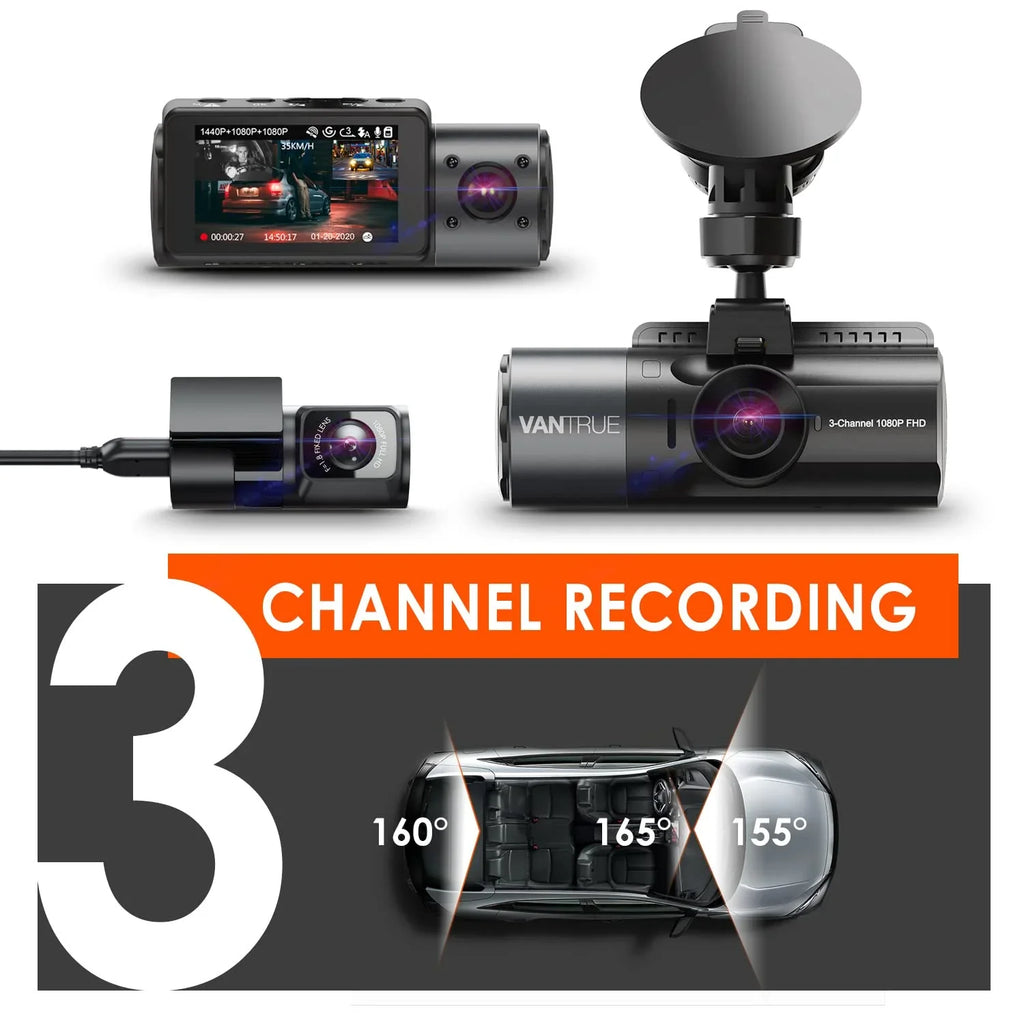 Vantrue  3 Channel 4K Dash Cam, 4K+1080P Front and Rear, 1440P+1440P Front and Inside, 1440P+1440P+1080P Three Way Triple Car Camera,  Night Vision, 24 Hours Parking Mode, Support 512GB Max