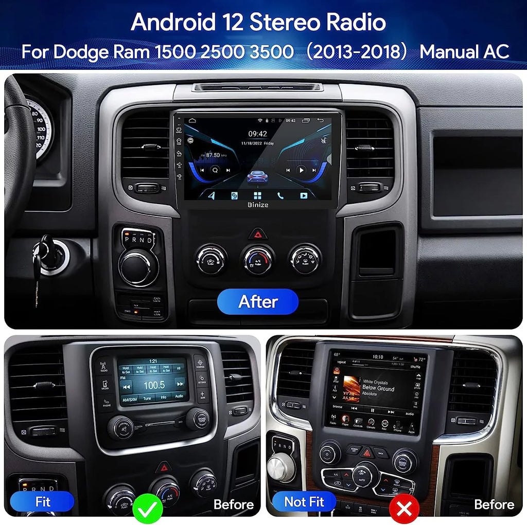 Binize Android 12 Double Din Car Stereo for Dodge Ram 1500 2500 3500 Radio 2013-2018, 9" in-Dash Navigation  Unit with Wireless CarPlay/Android Auto///Backup Camera////WiFi/2+32GB
