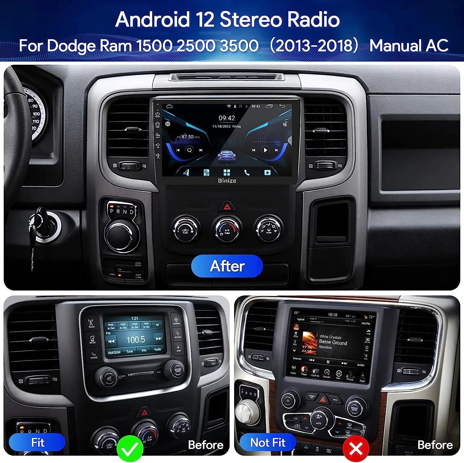Binize Android 12 Double Din Car Stereo for Dodge Ram 1500 2500 3500 Radio 2013-2018, 9" in-Dash Navigation  Unit with Wireless CarPlay/Android Auto///Backup Camera////WiFi/2+32GB