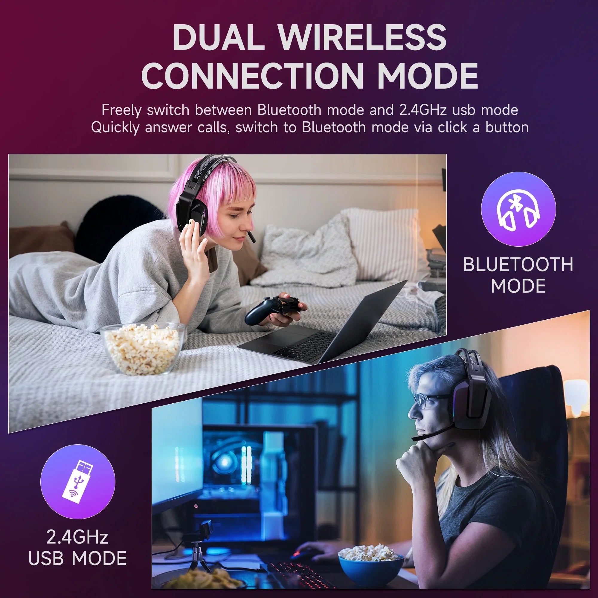 Wireless Gaming Headset with Noise-Cancelling Mic,  Lights 7.1 Surround Sound for , /5, Nintendo Switch, 3.5mm Wired for Xbox One/Series x/s, 300g, Black