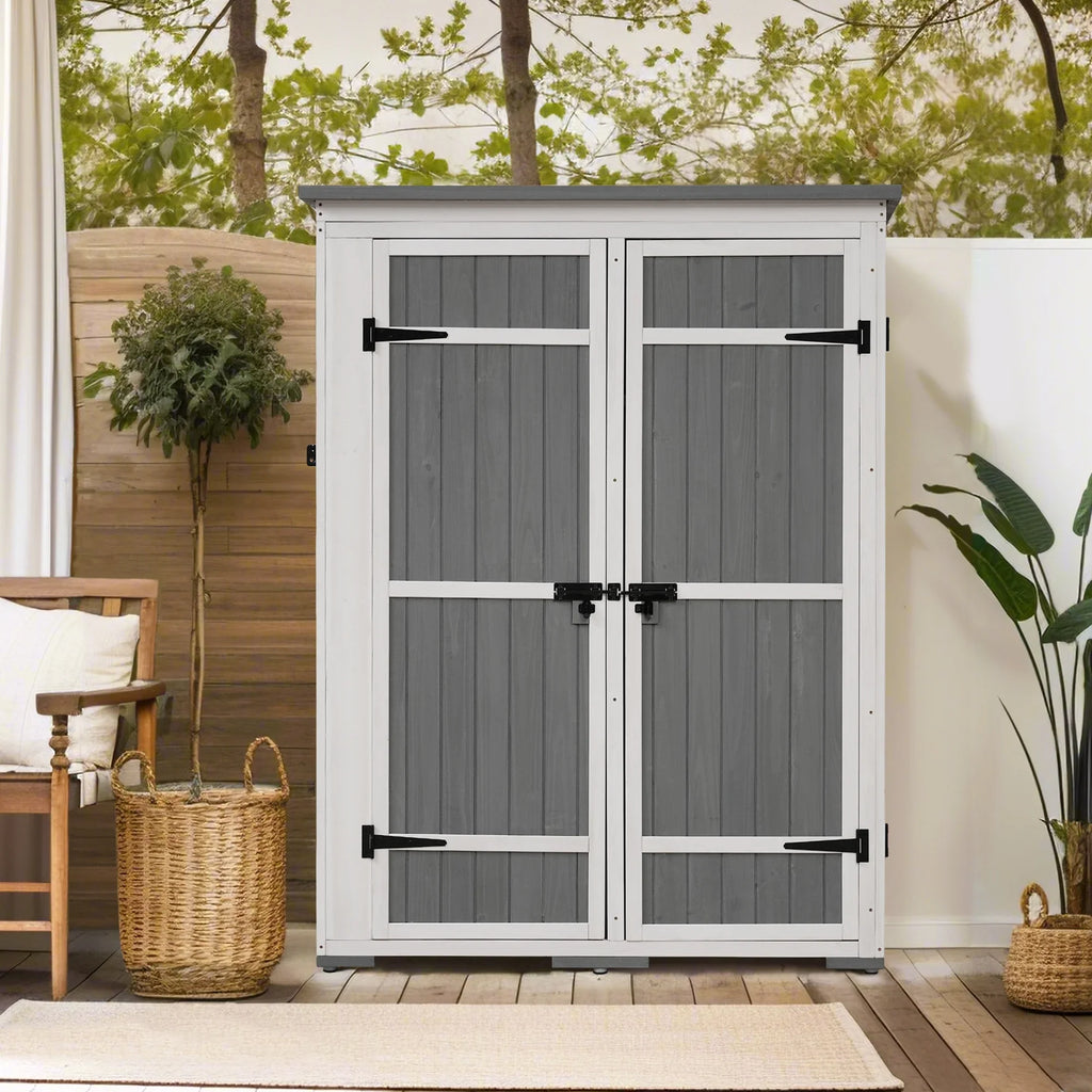 Homiyad Outdoor 5.5ft Hx4.1ft  Wood Storage Shed, Garden Tool Cabinet with Waterproof Asphalt Roof, Four Lockable Doors, Multiple-Tier Shelves, White and Gray