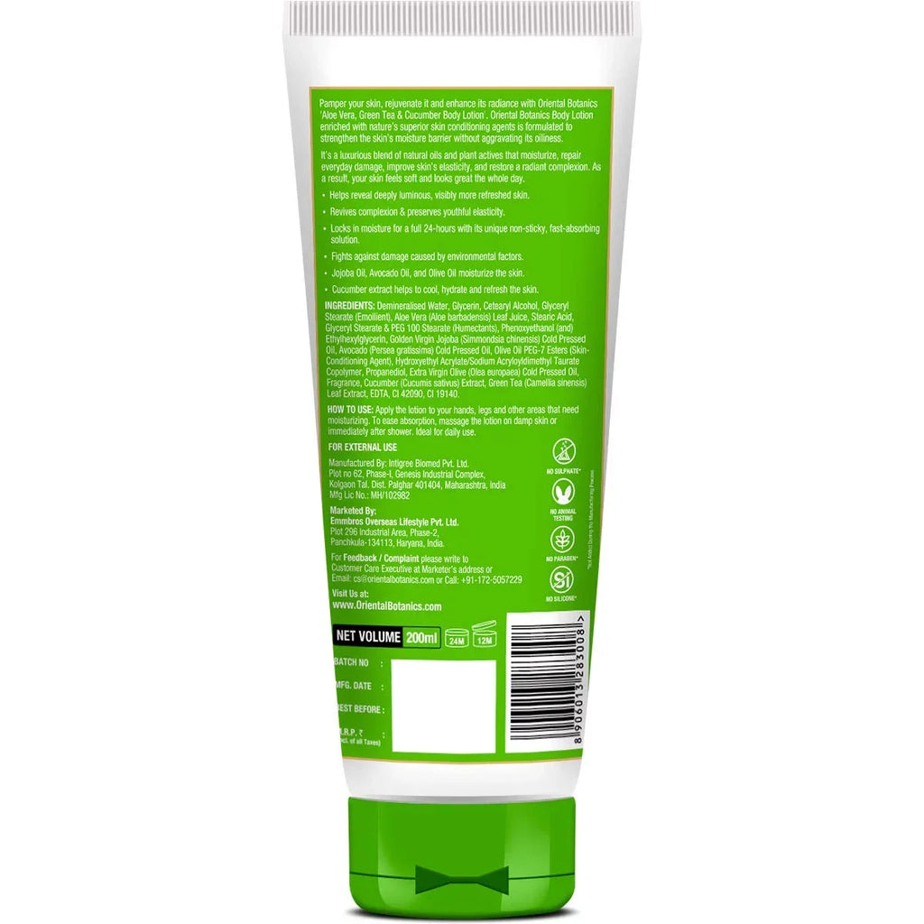 Oriental Botanics Aloe Vera, Green Tea & Cucumber Body Lotion | No Paraben &  - 200ml