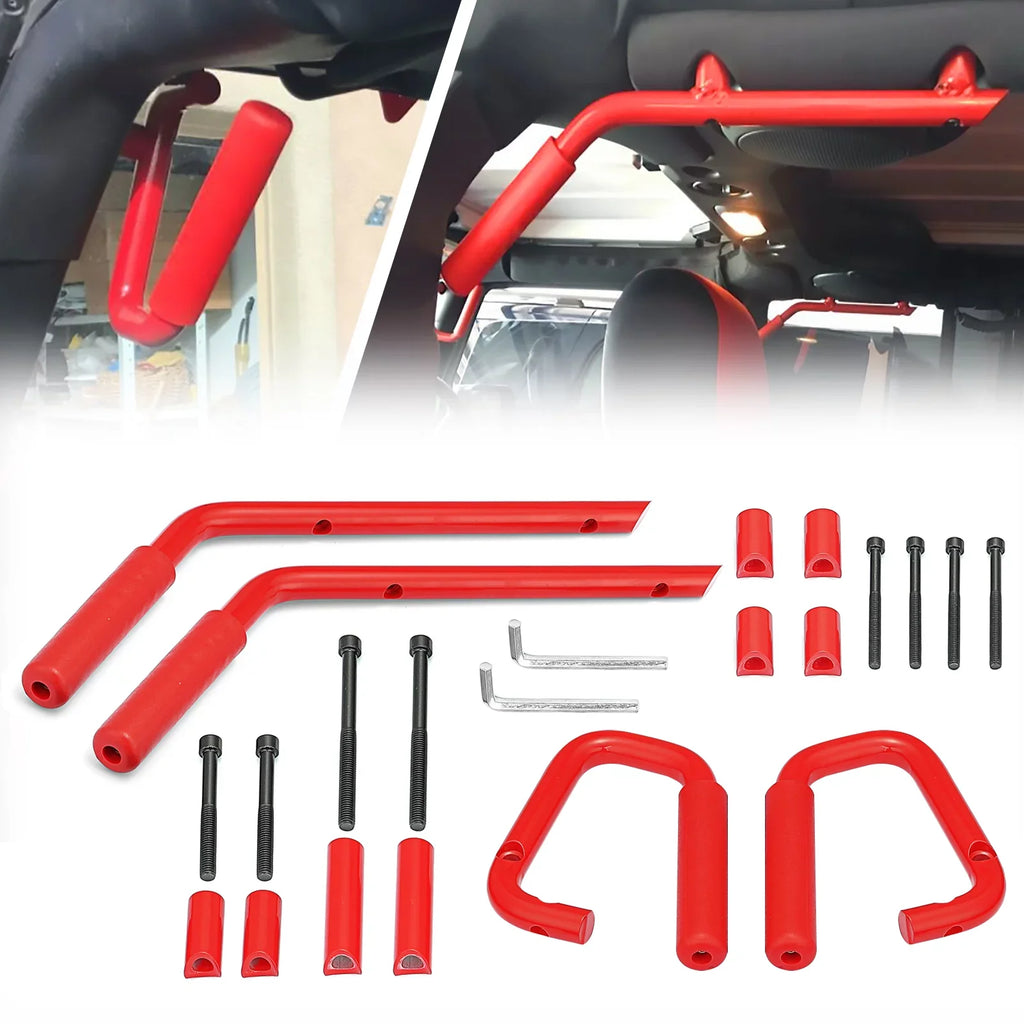 '-  Powder Coated Red Aluminum Full Front & Rear Grab Bar Handles Set for 07-18 Jeep Wrangler