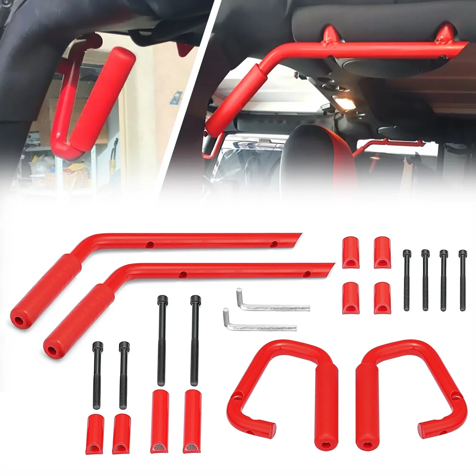 '-  Powder Coated Red Aluminum Full Front & Rear Grab Bar Handles Set for 07-18 Jeep Wrangler