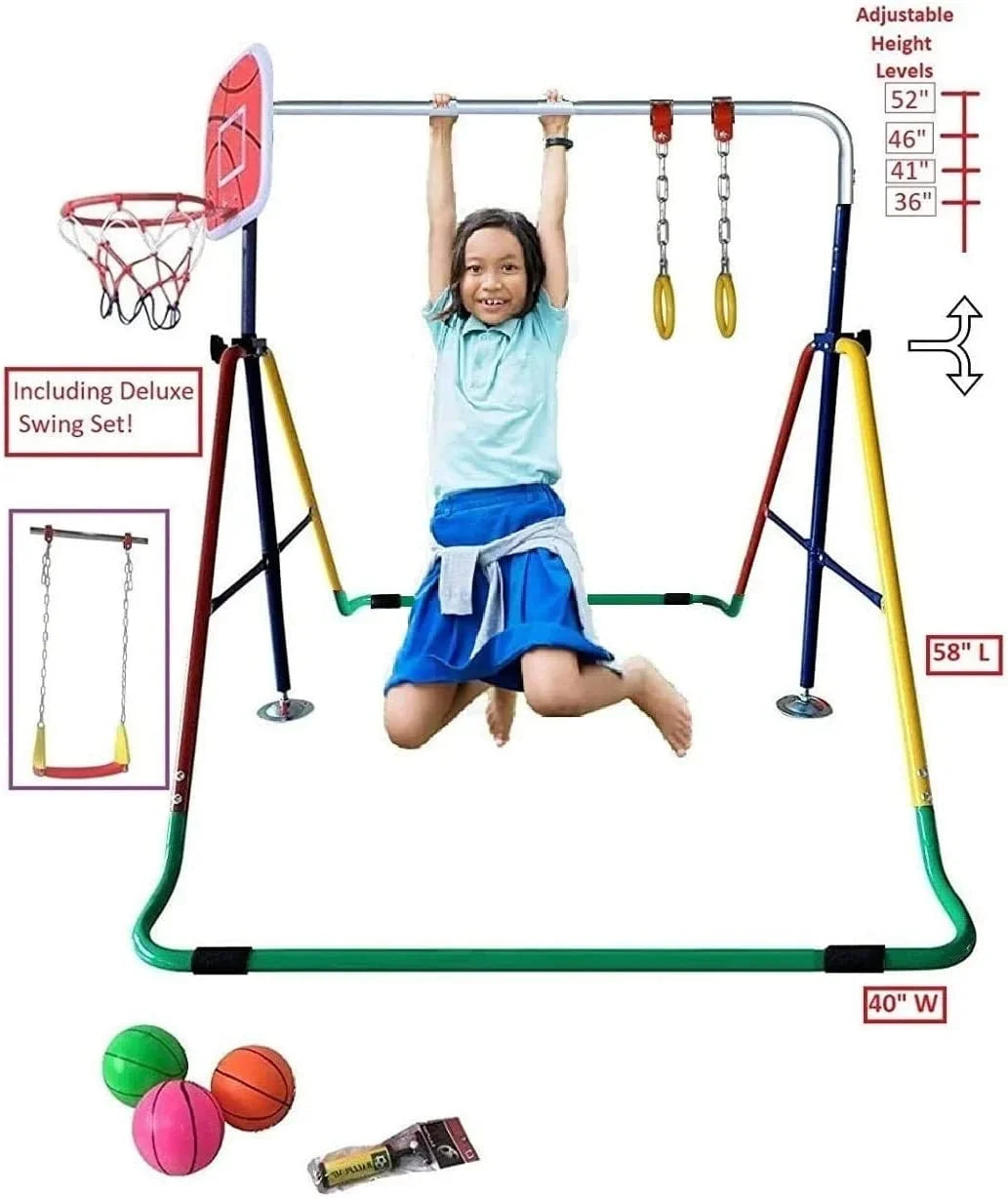 Height-Adjustable 4-in-1 Gymnastics Bar Set with Swing, Rings, Basketball Hoop - Folding Junior Training Bar for Home Gym