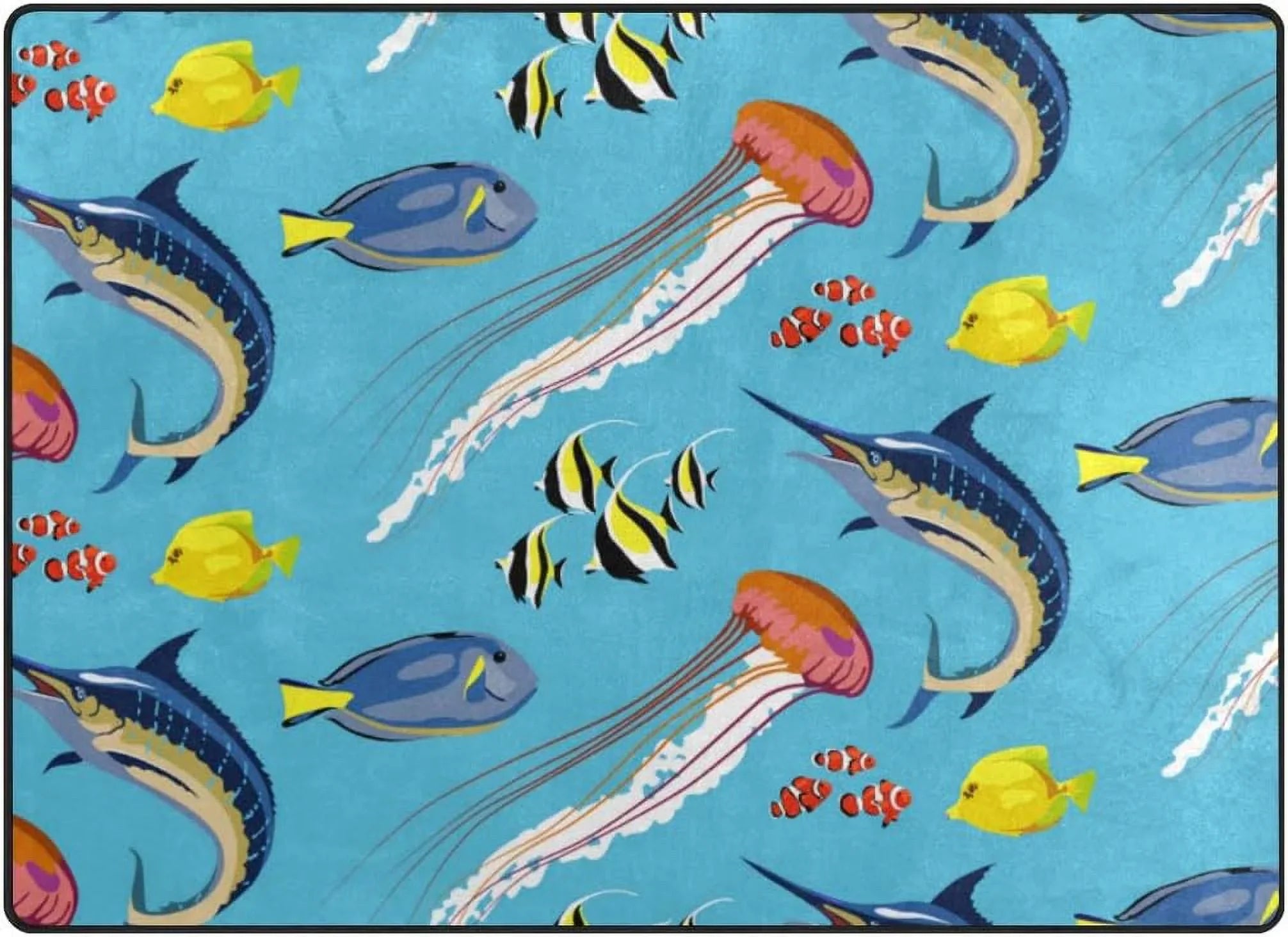 Bestwell Lightweight Soft Area Rugs Sea Fish Jellyfish Marlin Floor Mat for Kids Playing Room Hardwood Floor Living Room 80 x 58 inch（6'8" x 4'10"） Nursery Rugs Home Decor Gift