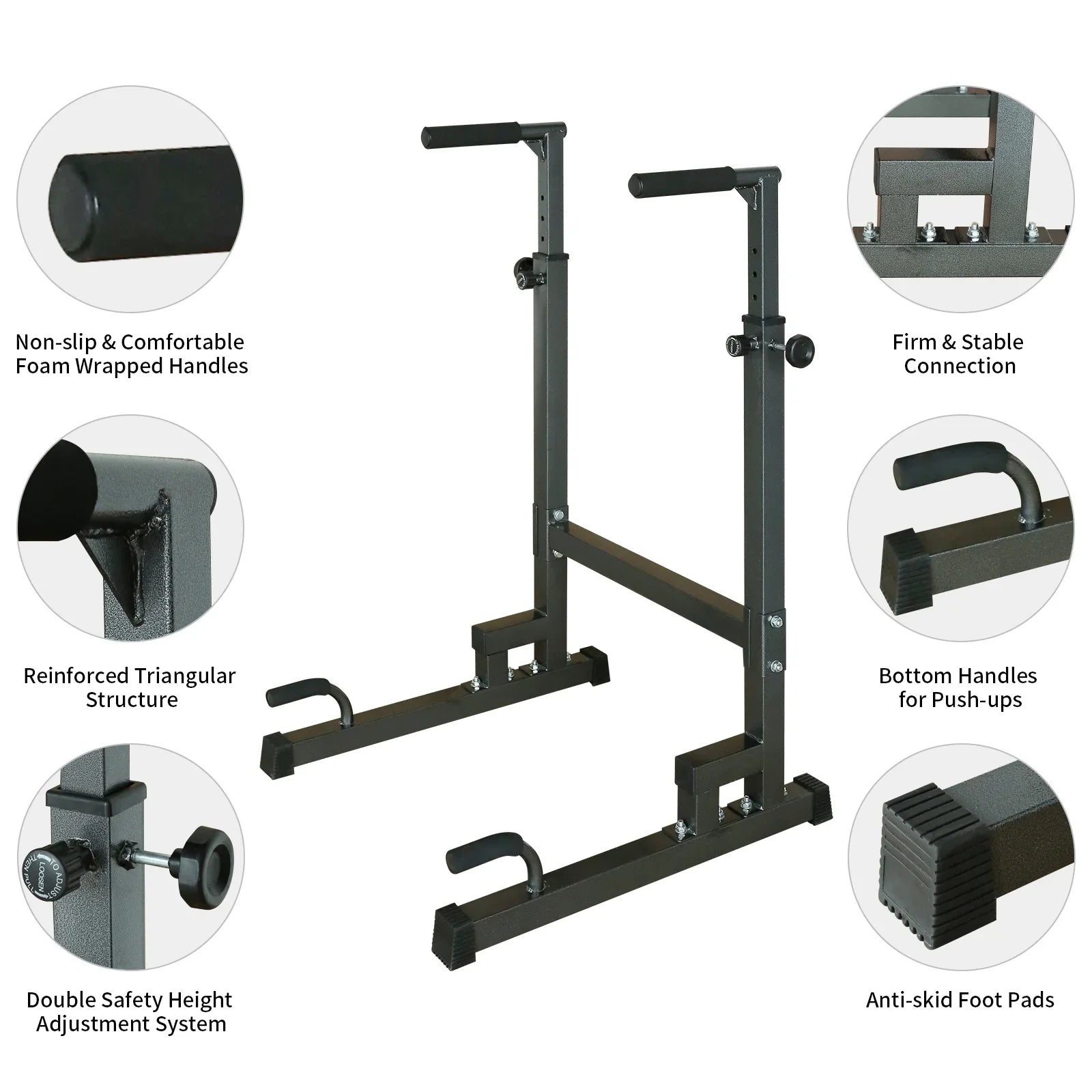 Adjustable Power Tower Dip Stand Station with Bench Pull Up Bar - Heavy Duty Multi-Function Fitness Equipment for Home Gym, Black