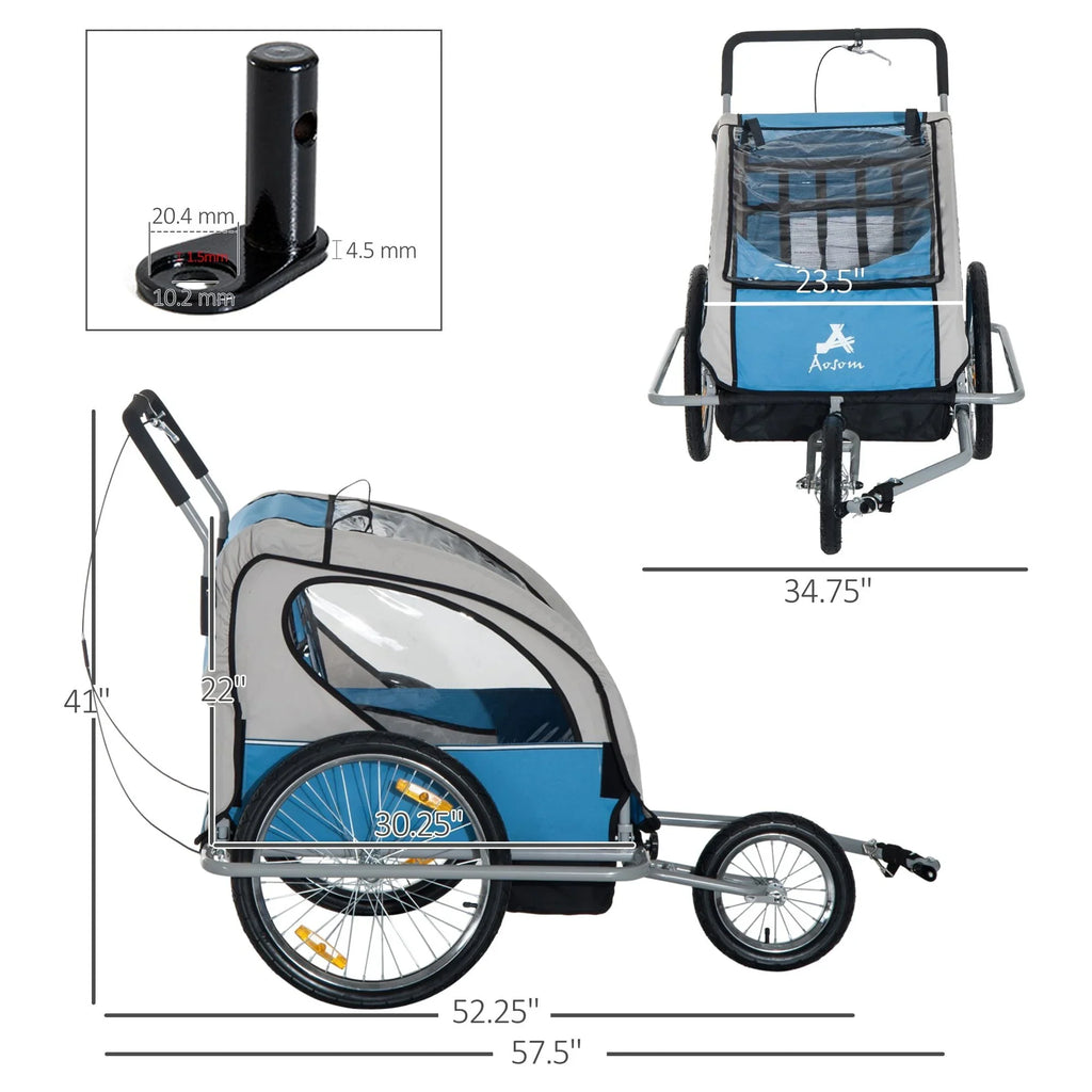 Aosom Elite 2-In-1 Double Child Two-Wheel Bicycle Cargo Trailer And Jogger With 2 Safety Harnesses - Blue