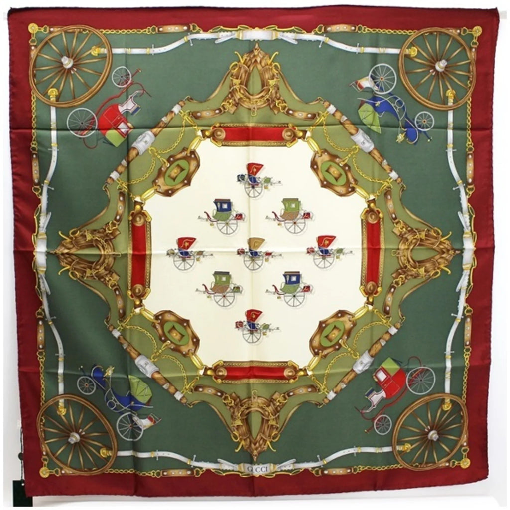 Pre-Owned Gucci silk scarf muffler green x wine red carriage pattern  ladies (Like New)