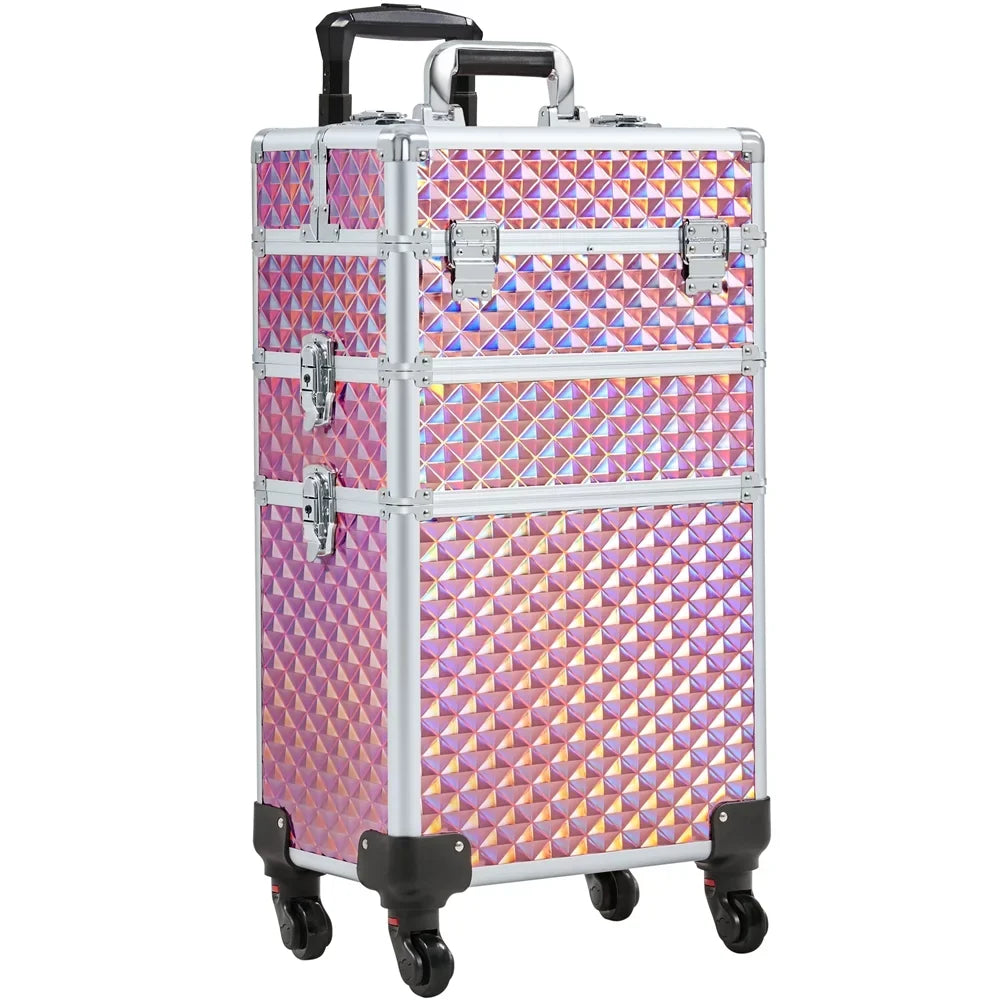 Topeakmart 3-in-1 Rolling Makeup Train Case Cosmetic Trolley with Large Storage, Pink