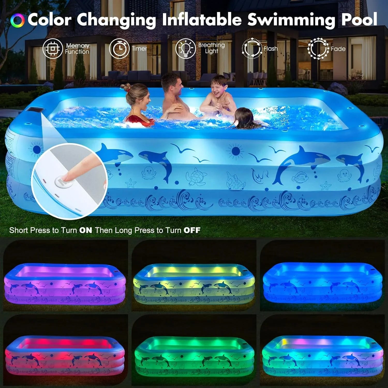 Inflatable Pool with Lights, 2024 Upgraded Family Inflatable Swimming Pool for Kids,Adults, Blow up Pool Solar Powered, Large Kiddle Pool, 105"x65"x25''Oversized Thickened Pool for Backyard