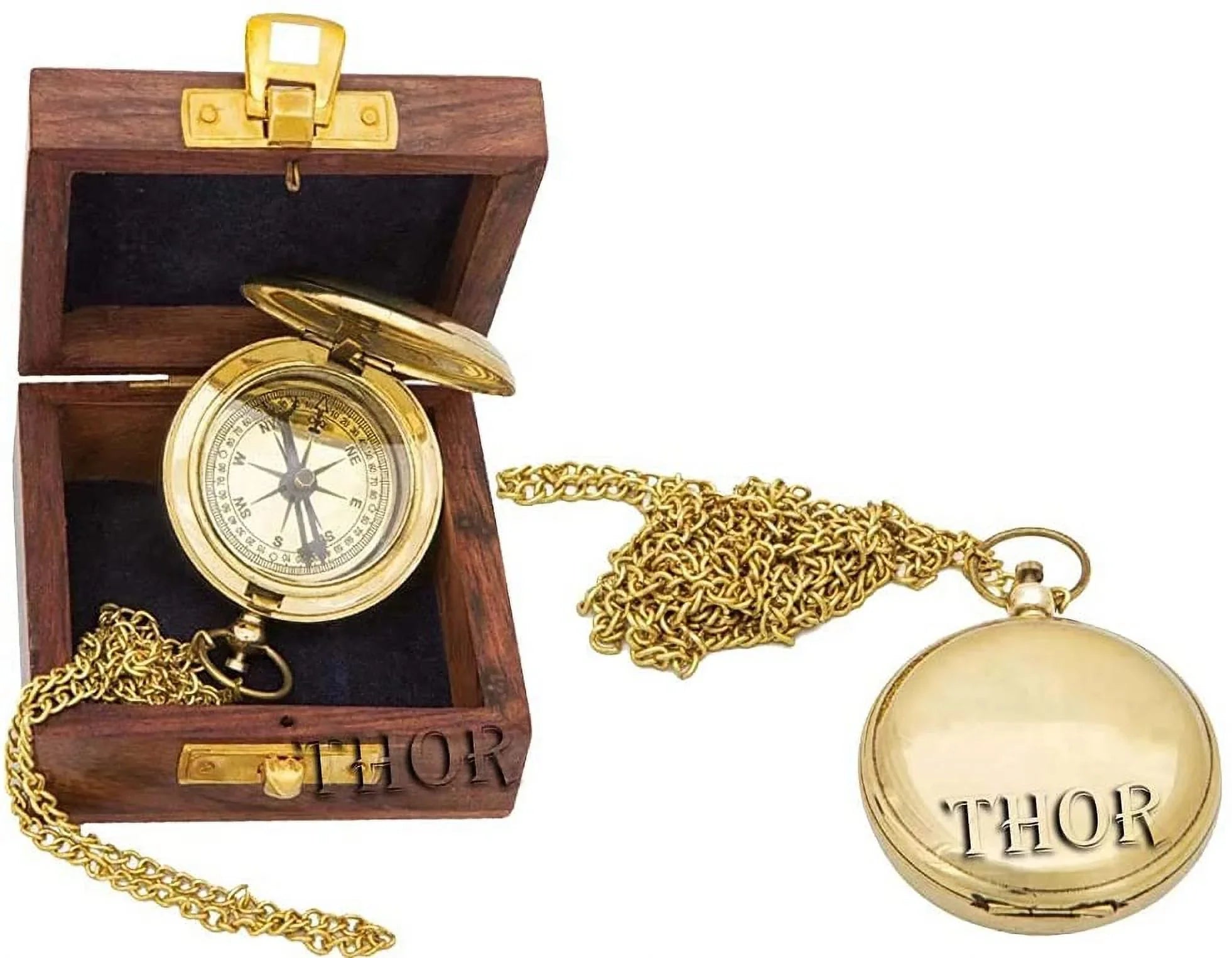 Brass Push Button Pocket Compass Marine Nautical Wooden Box Ideal for Gift