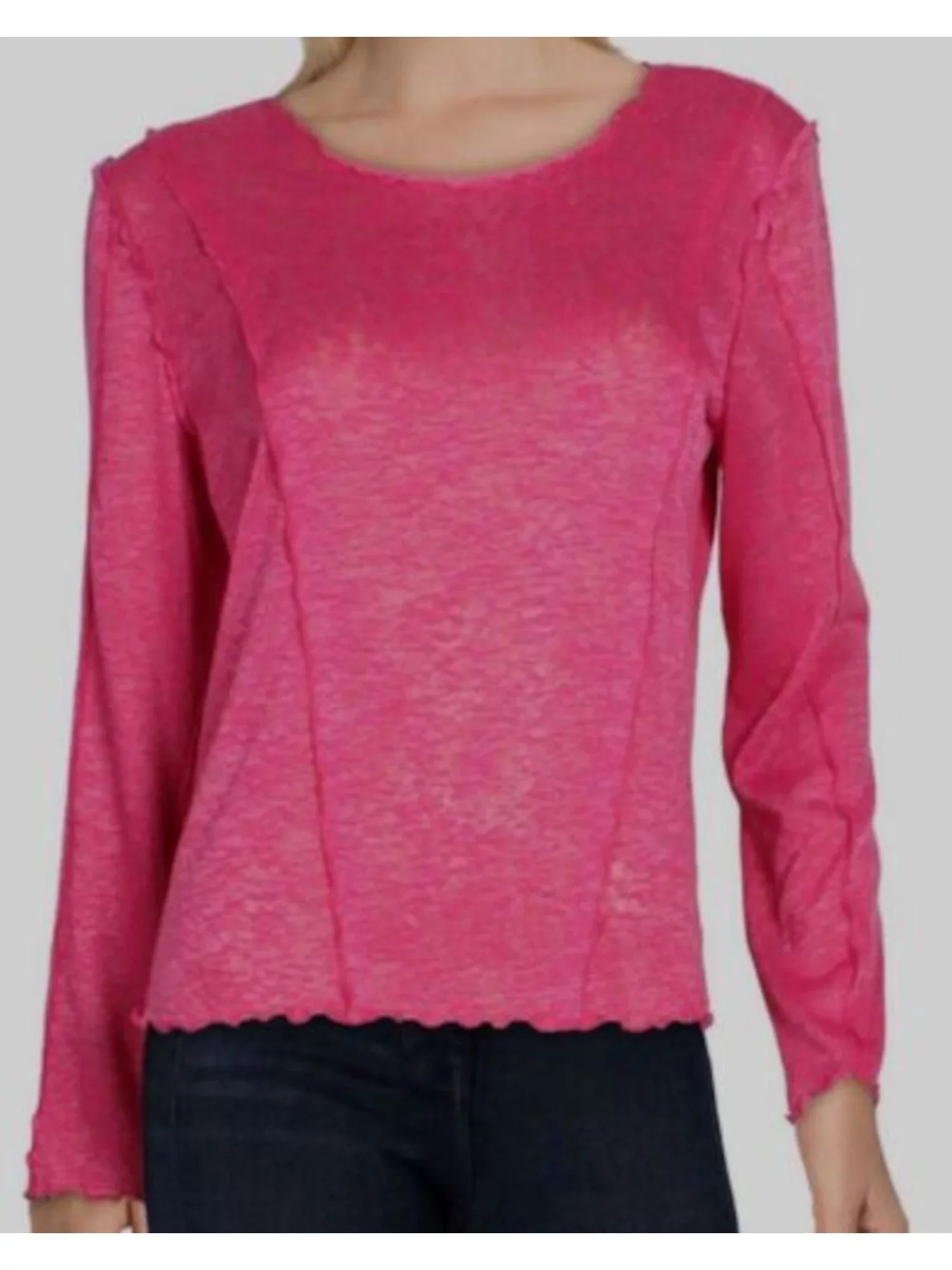 Womens Pink Stretch Scalloped Seam Detail Heather Long Sleeve Round Neck Top