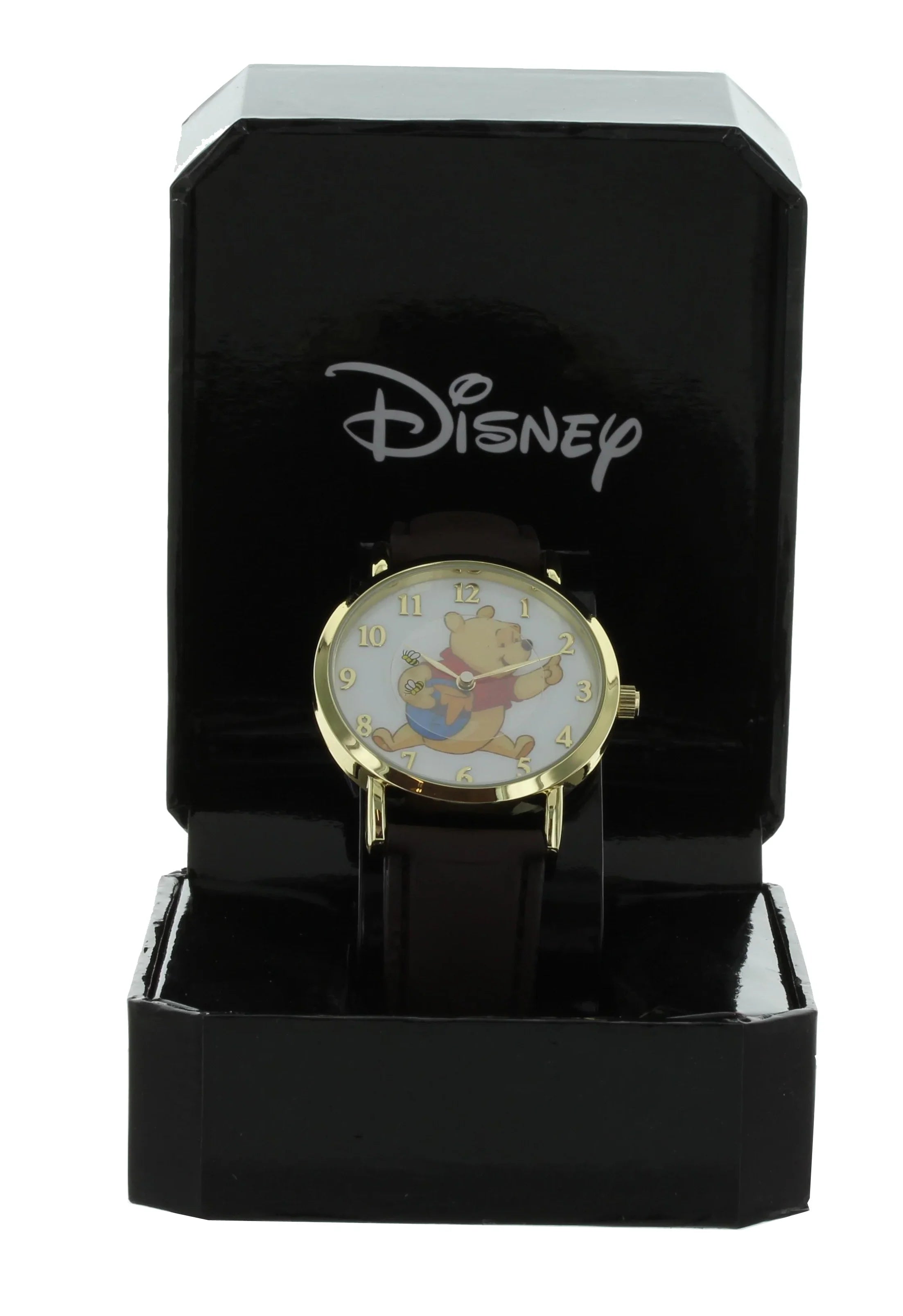 Disney Winnie The Pooh Rotating Bees Gold Tone Case With Brown Leather Band Analog Watch
