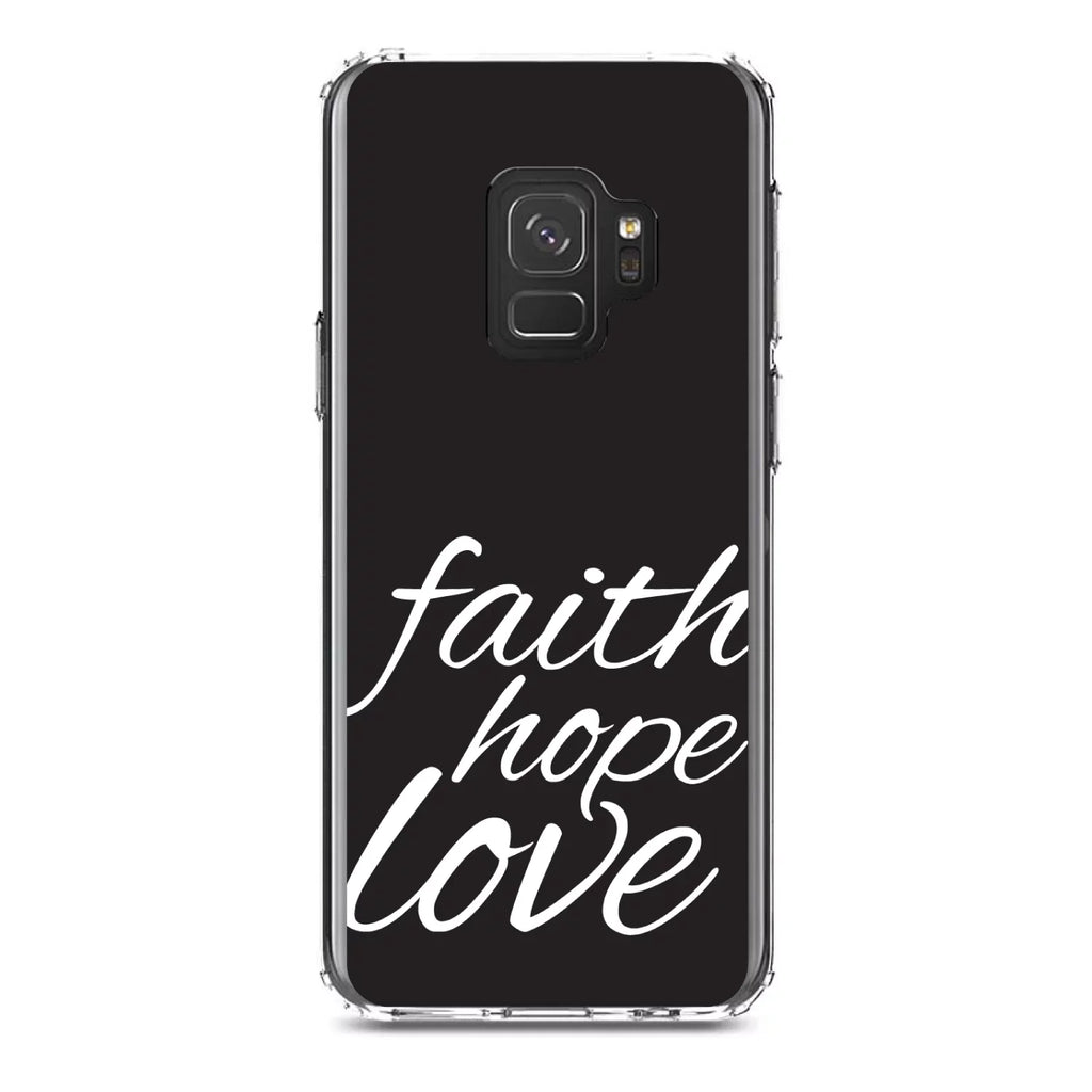 DistinctInk Clear Shockproof Hybrid Case for Samsung Galaxy  (5.8" Screen) -  Bumper, Acrylic Back, Tempered Glass Screen Protector - Faith / Hope / Love - Black & White - Christ