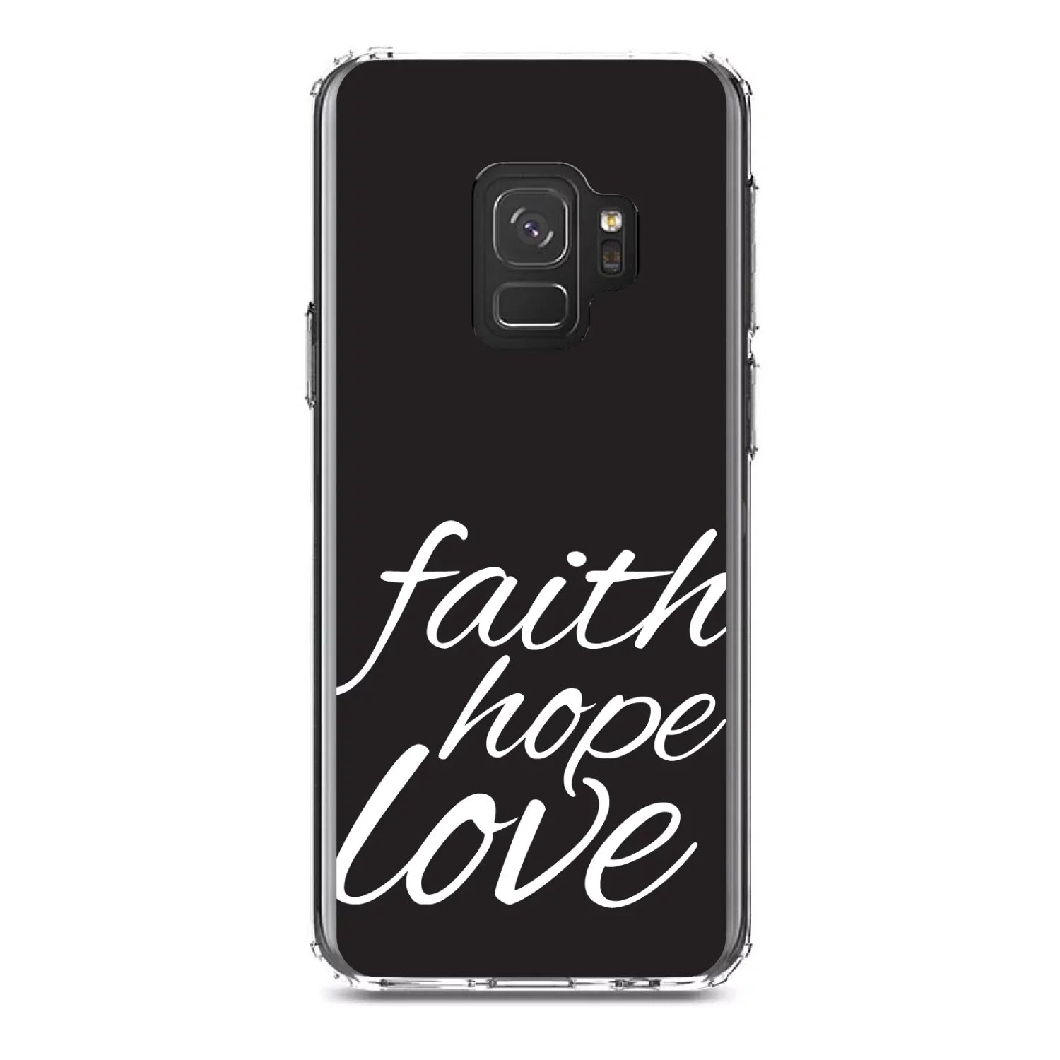 DistinctInk Clear Shockproof Hybrid Case for Samsung Galaxy  (5.8" Screen) -  Bumper, Acrylic Back, Tempered Glass Screen Protector - Faith / Hope / Love - Black & White - Christ