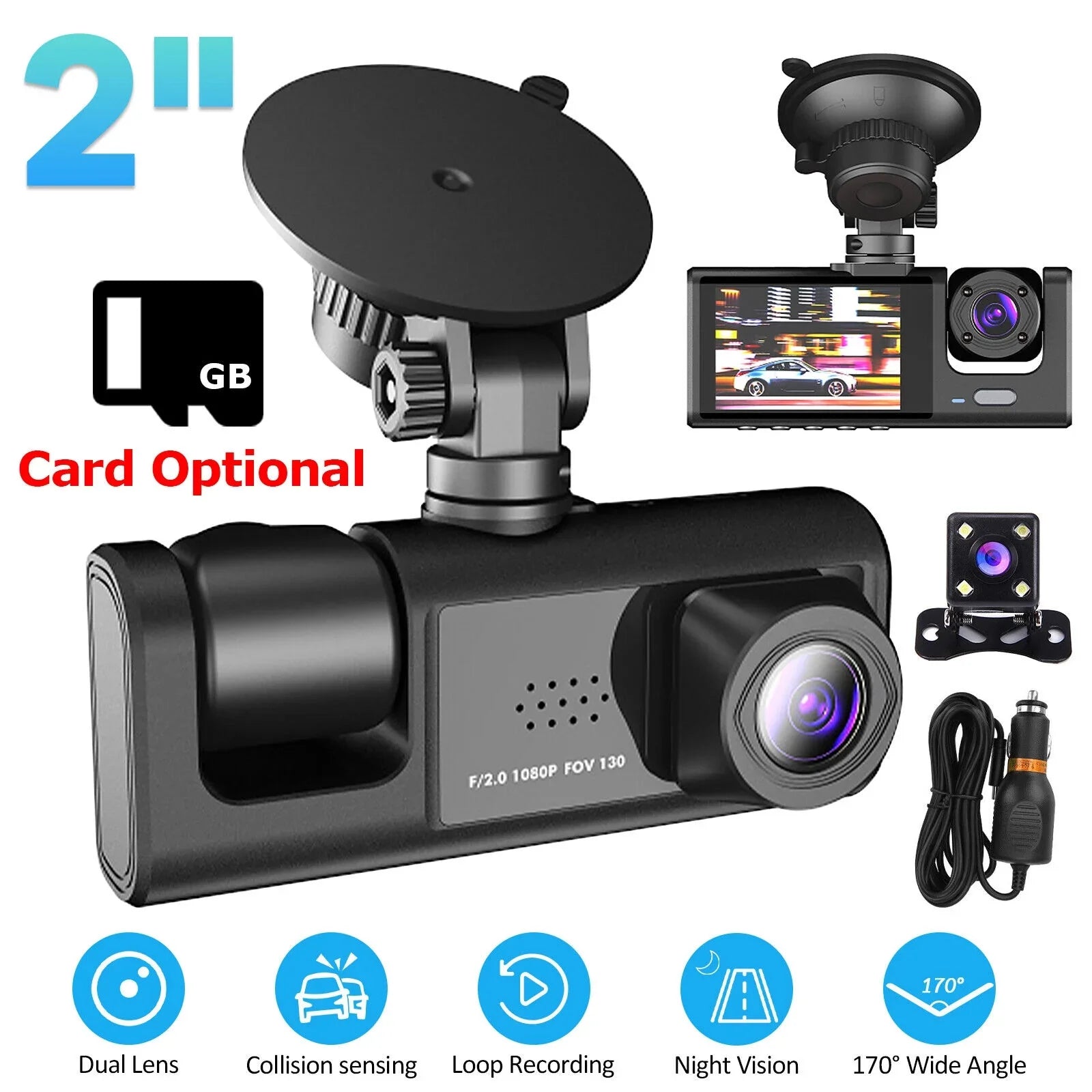 1080P Car Dual Dash Cam,  Front/Rear/Inside Dual Lens Dash Camera,  Video Recorder Camera with -sensor