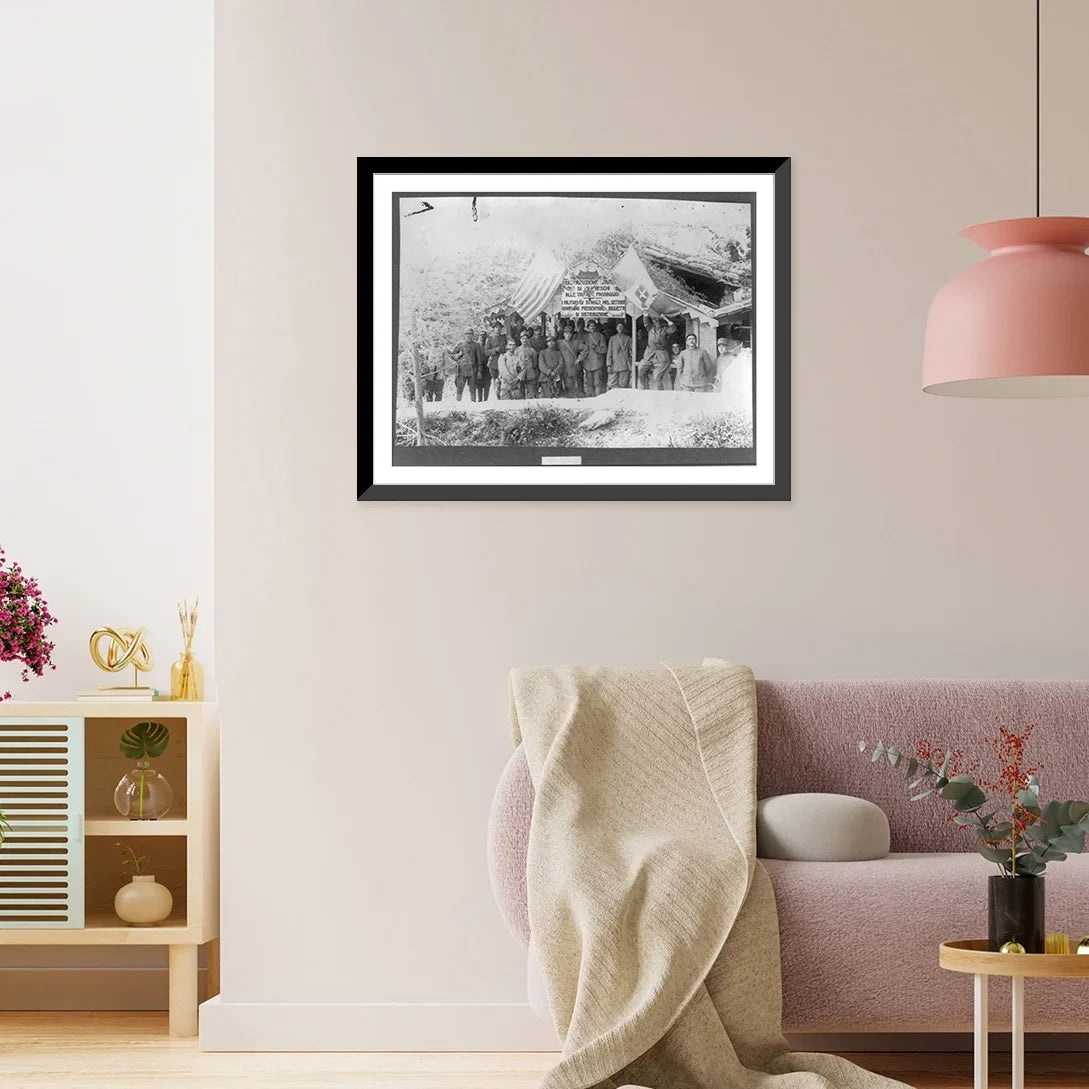 Historic Framed Print, [Group of men posed at American Red Cross station on the Grappa, Italian Front], 17-7/8" x 21-7/8"