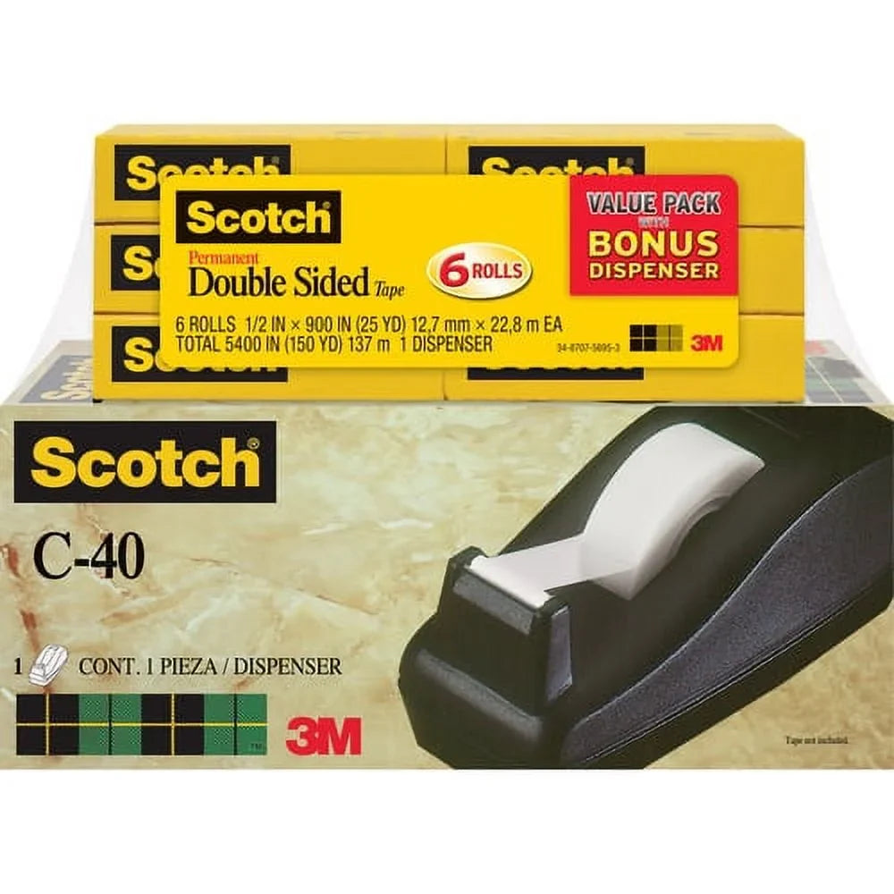 Scotch Permanent Double-Sided Tape - 1/2 25 yd Length x 0.50" Width - 1" Core - Dispenser Included - Desktop Dispenser - 6 / Pack - Clear
