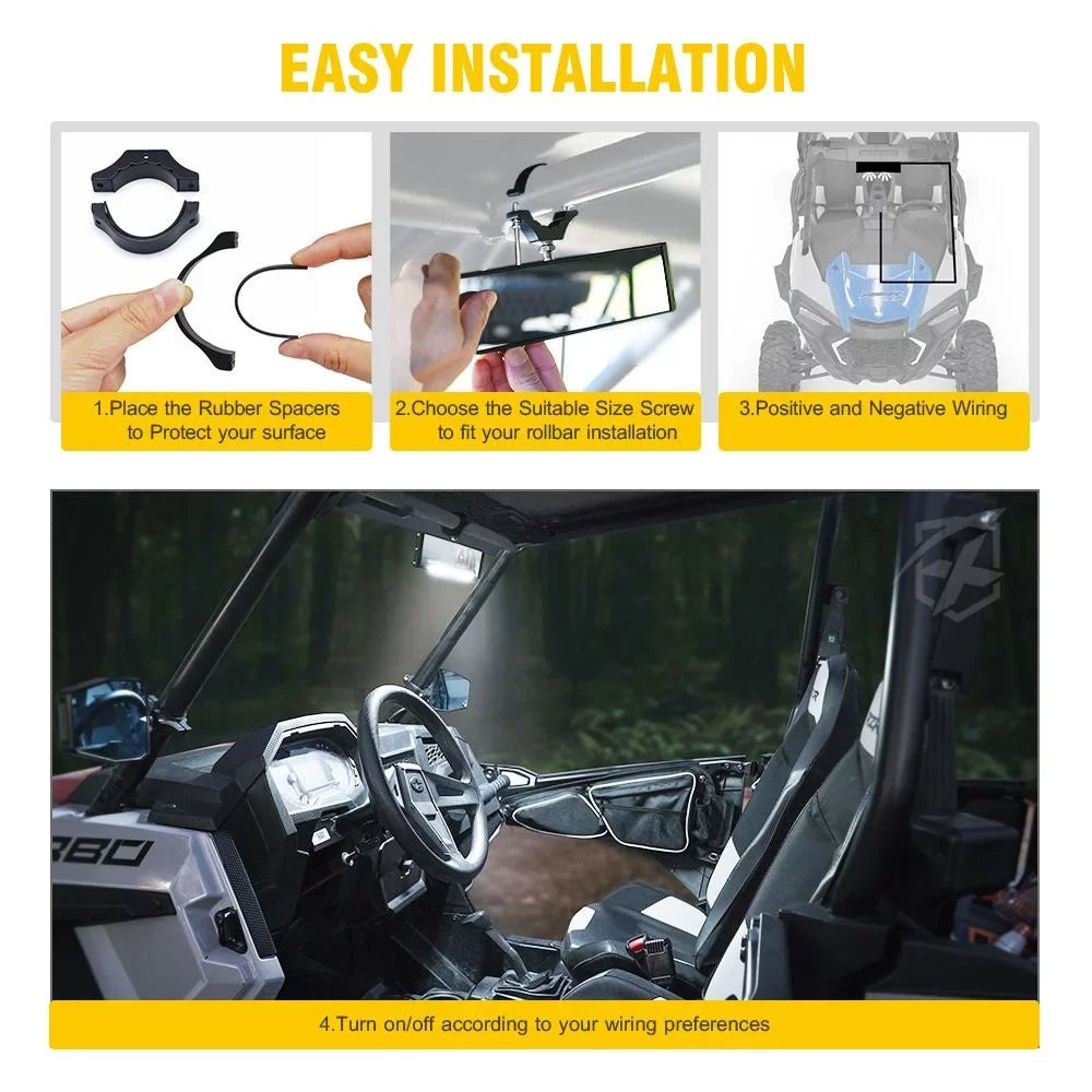 Xprite 9" Aluminum  Rear View Mirror w/ Integrated  Dome Lights fits 1.75" - 2" Rollbars
