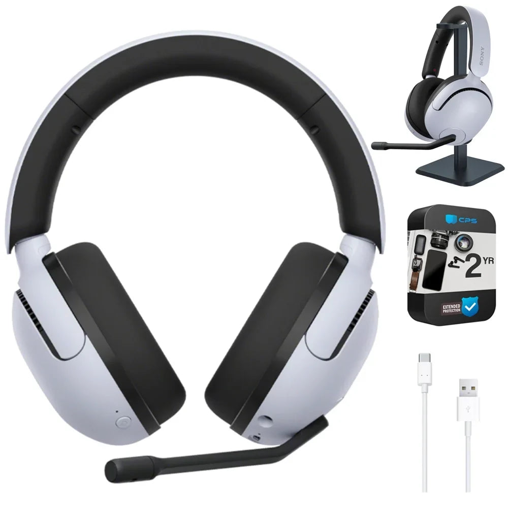 Sony /   Wireless Noise Cancelling Gaming Headset, White Bundle with Deco Gear Pro Audio Headphone Stand, 6 Foot - to - Cable & 2   Enhanced Protection Pack