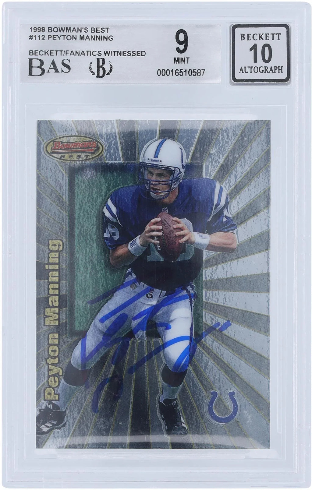 Peyton Manning Indianapolis Colts Autographed 1998 Bowman's Best #112 Beckett Fanatics Witnessed Authenticated 9/10 Rookie Card - Fanatics Authentic Certified