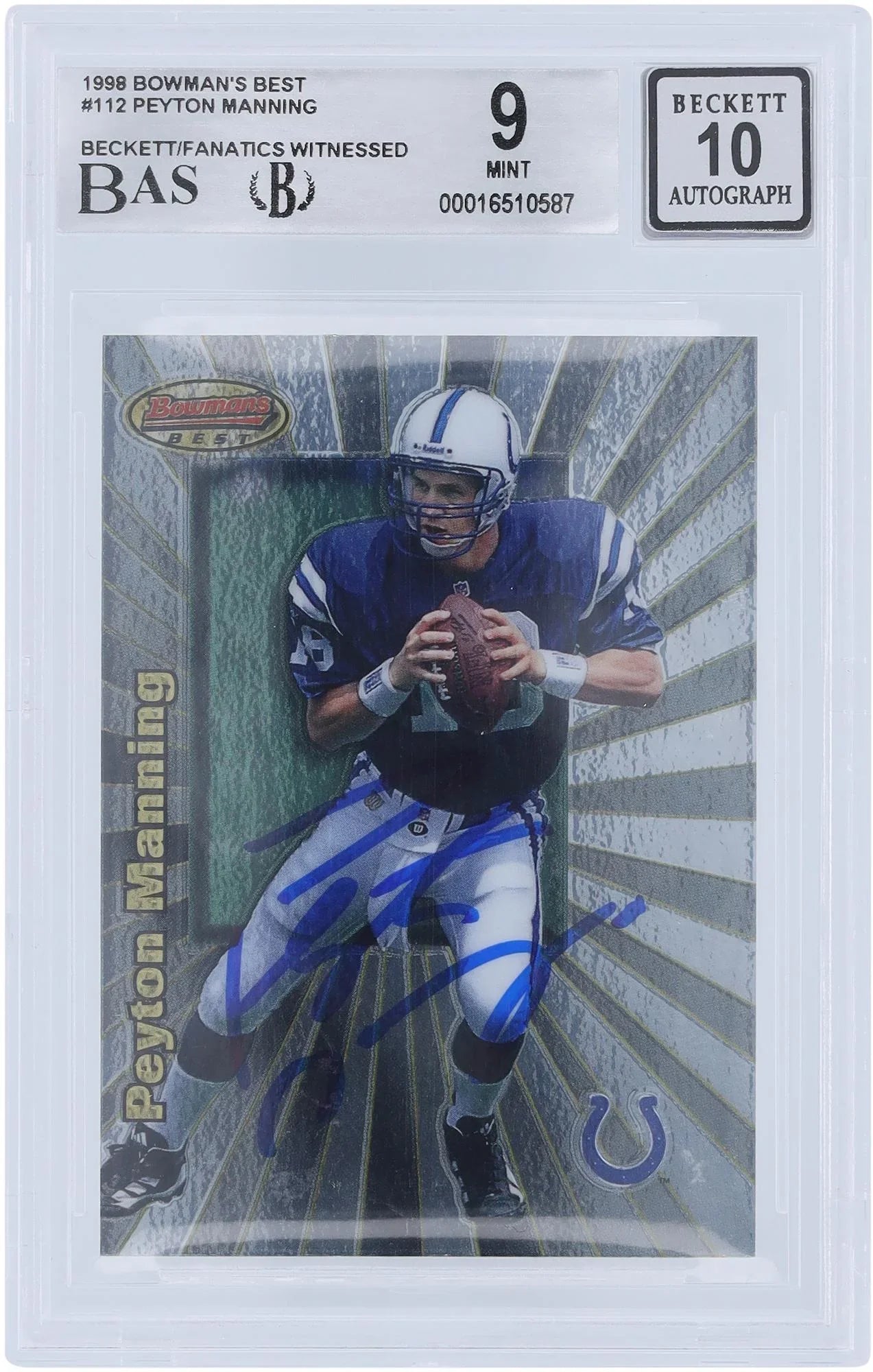 Peyton Manning Indianapolis Colts Autographed 1998 Bowman's Best #112 Beckett Fanatics Witnessed Authenticated 9/10 Rookie Card - Fanatics Authentic Certified