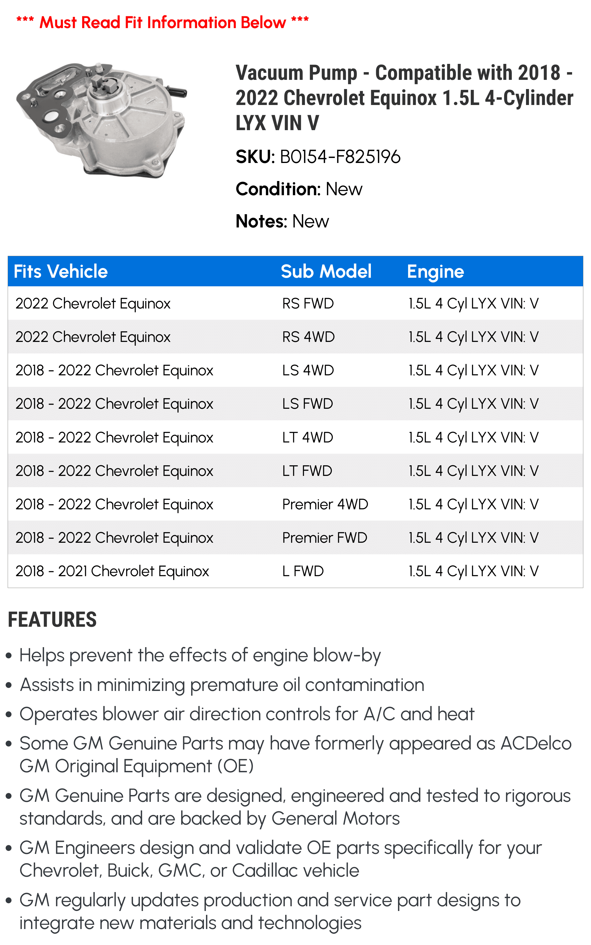Vacuum Pump - Compatible with 2018 - 2022 Chevy Equinox 1.5L 4-Cylinder    2019 2020 2021