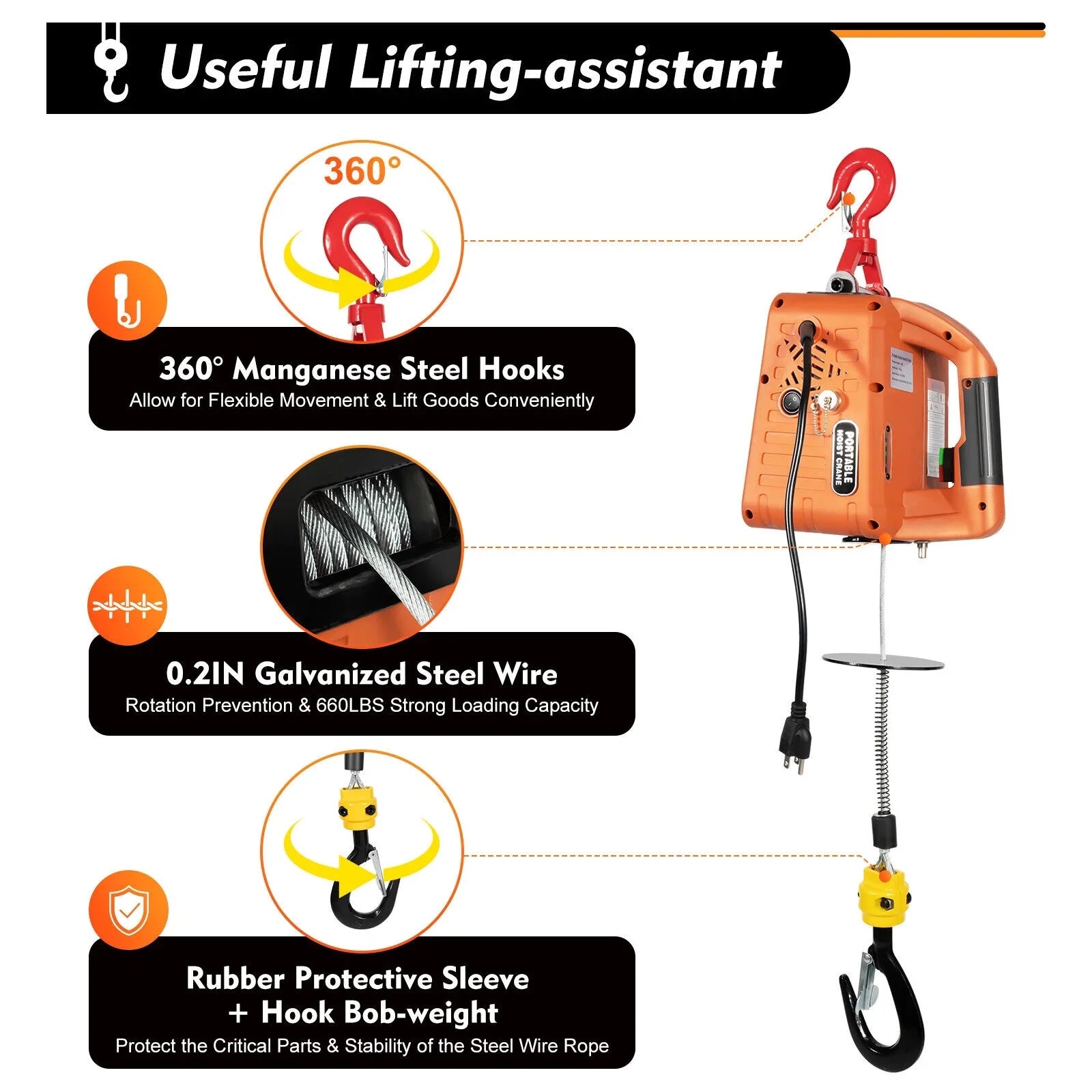 Portable 3-in-1 Electric Winches 300kg/660 lbs Hoist Winch Crane Lift / Remote