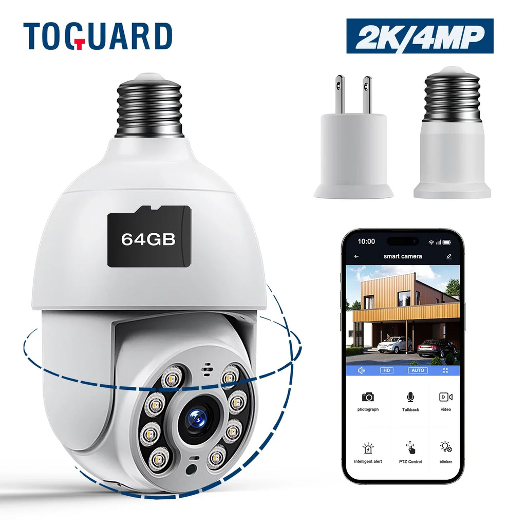 Toguard  2K/4MP WiFi Light Bulb Security Camera Outdoor Indoor  Wireless Dome Surveillance Camera