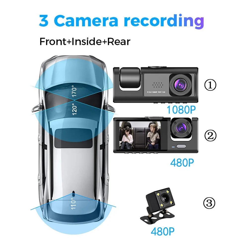 1080P  Dash Camera Front & Inside & Rear Camera Driving Recorder 2 Inch Screen Dashcam Support Night-Vision Loop Recording One-Key Lock WiFi version