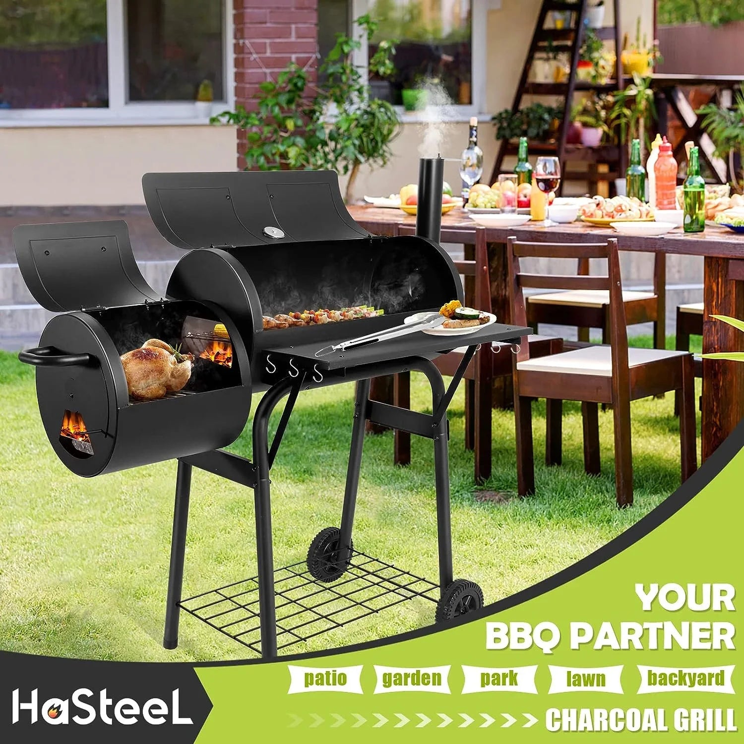 Outdoor  Grill, Barrel Charcoal Grill with Offset Smoker, Camping Barbecue Grill for Patio Backyard Garden Party Picnic, Large 420.. Cooking Area, 2 Screwdrivers & 6 Hooks - Black