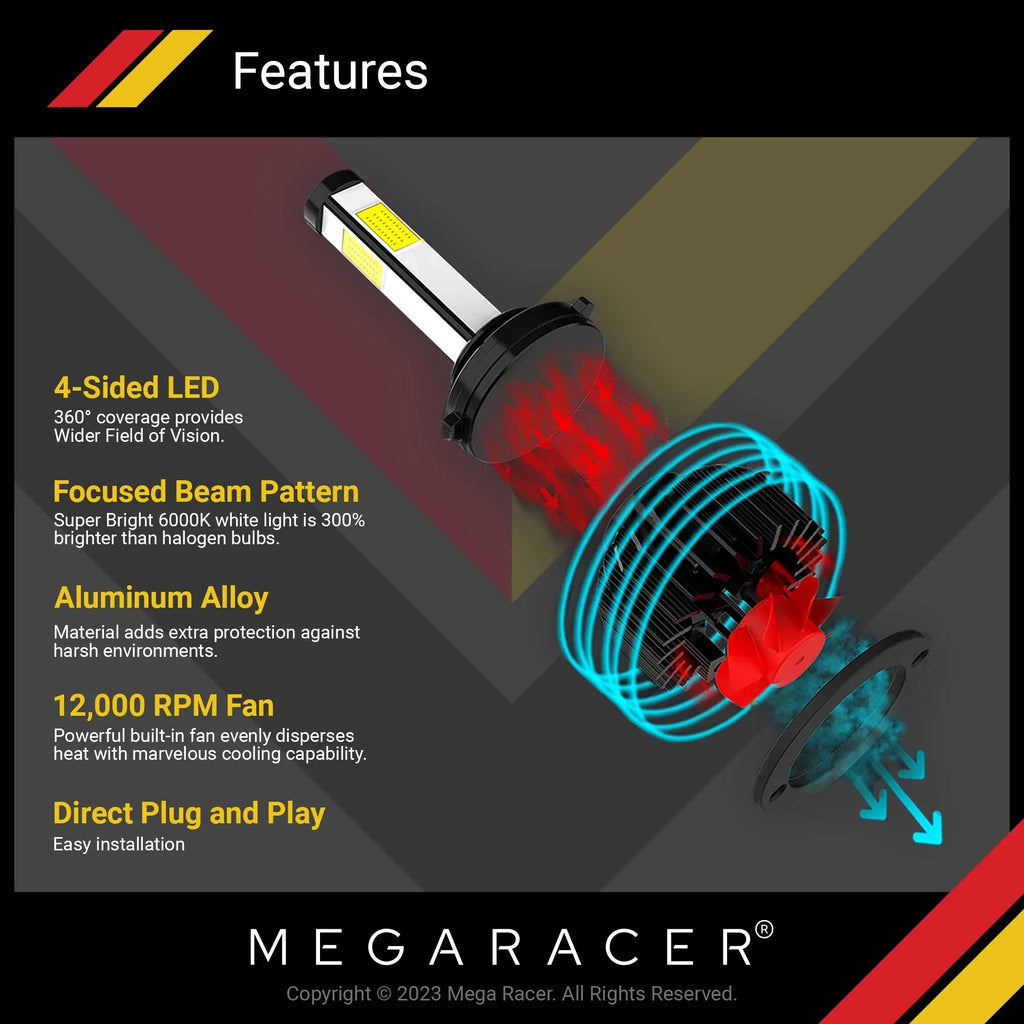 Mega Racer  Yukon 4 Sided     Headlight Bulbs 6000K Diamond White 12V 60W 10000LM  Yukon 2015 2016 2017 2018 2019 15 16 17 18 19 Low Beam Automotive Replacement